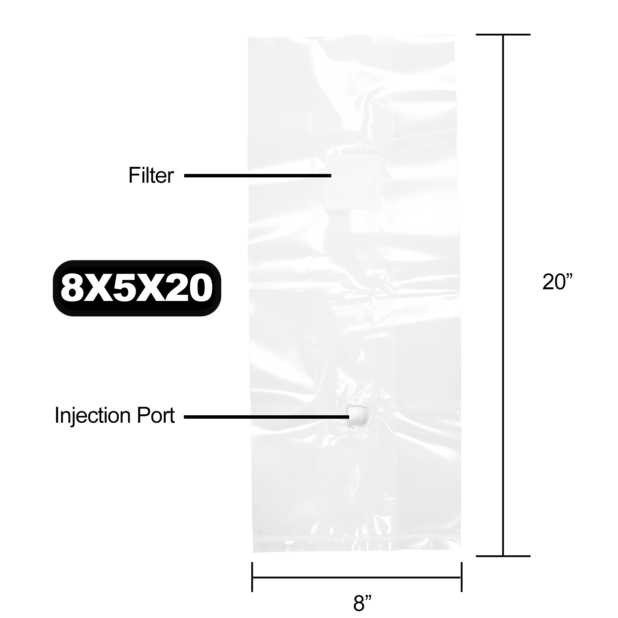 Filter size, bag dimensions, injection ports, polypropylene grades, autoclave tips mushroom grow bags