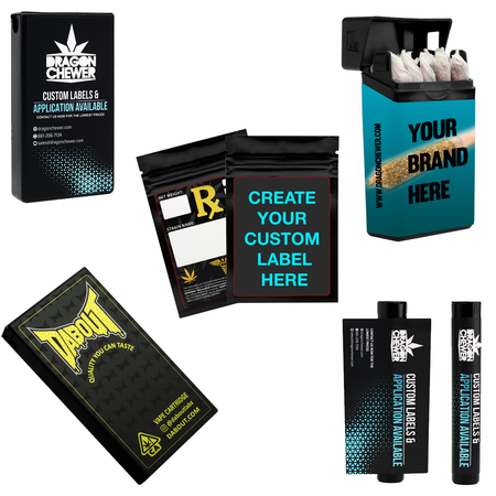 Custom cannabis branded wholesale bulk packaging solutions. Compliant CR child resistant packaging containers or bottles. Labels, stickers, direct print pre roll tubes, glass tubes, slider boxes, pop top bottles, and mylar bags by Dragon Chewer