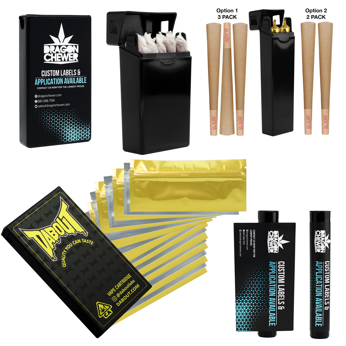 Custom child resistant CR pre roll bulk wholesale packaging. Pre roll packaging tubes. Custom pre roll labels or stickers. Dragon Chewer custom pre-roll packaging solutions.