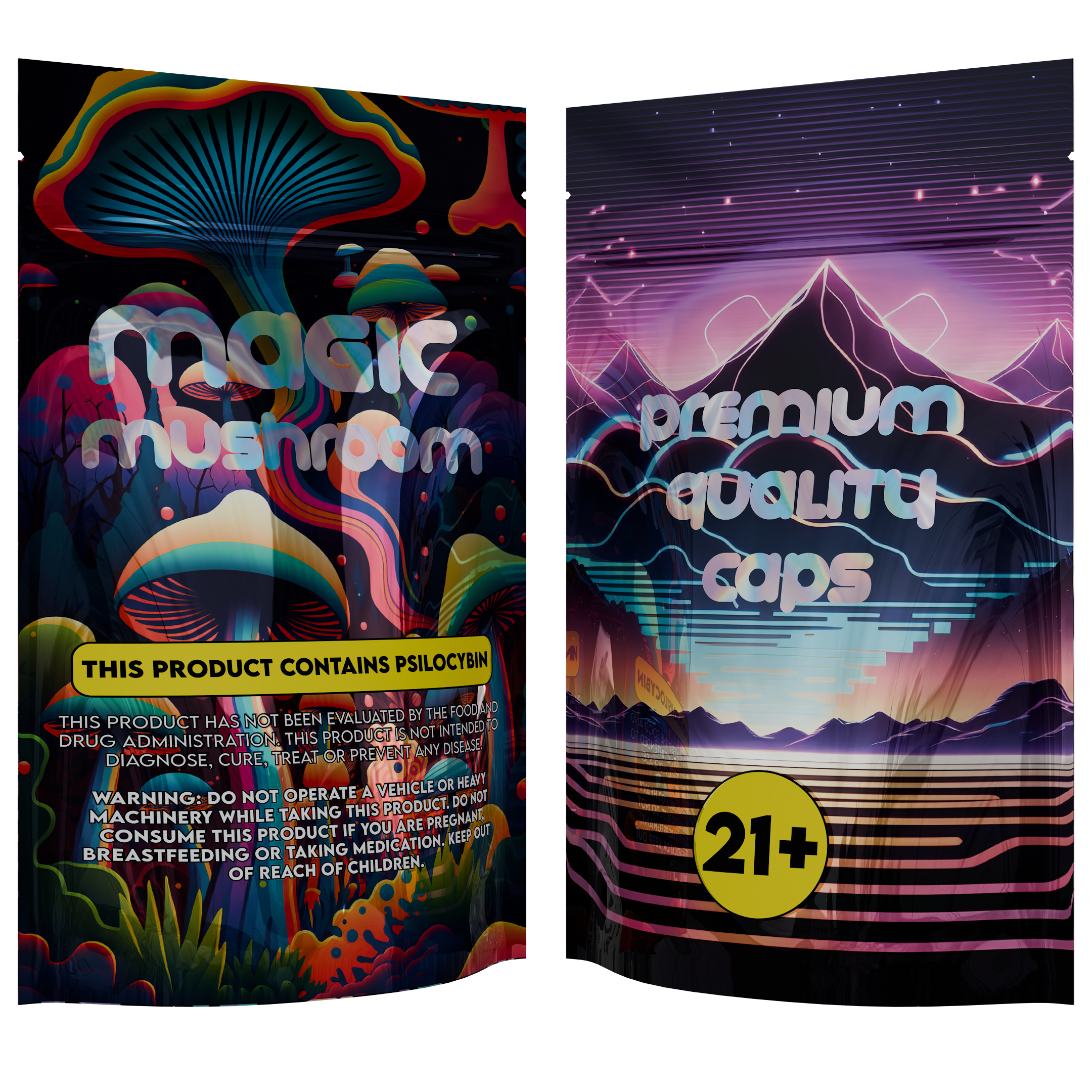 1/4th Ounce Holographic Black Designer Mushroom Custom Printed Mylar Bags (1,000 qty.)