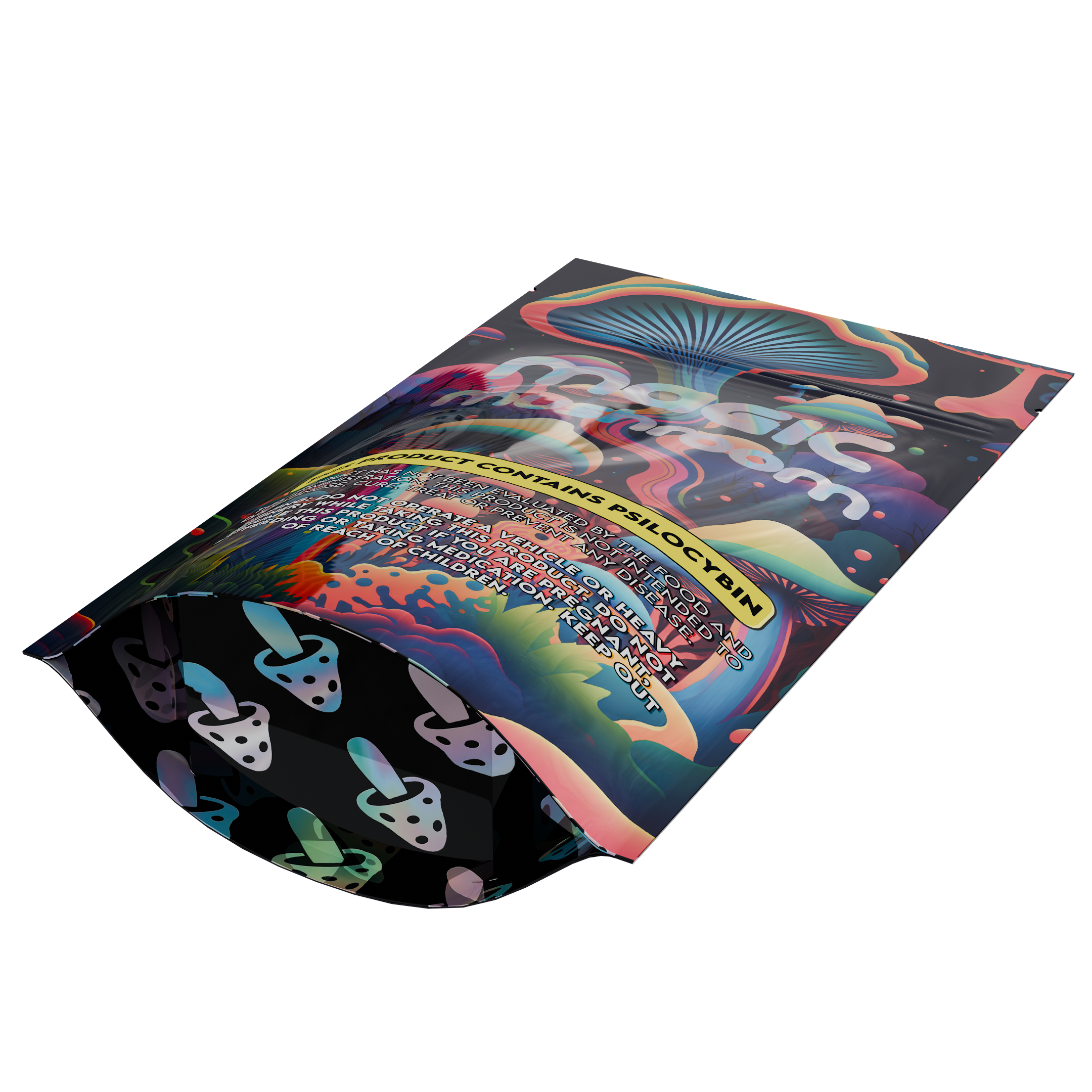 1/4th Ounce Holographic Black Designer Mushroom Custom Printed Mylar Bags (1,000 qty.)