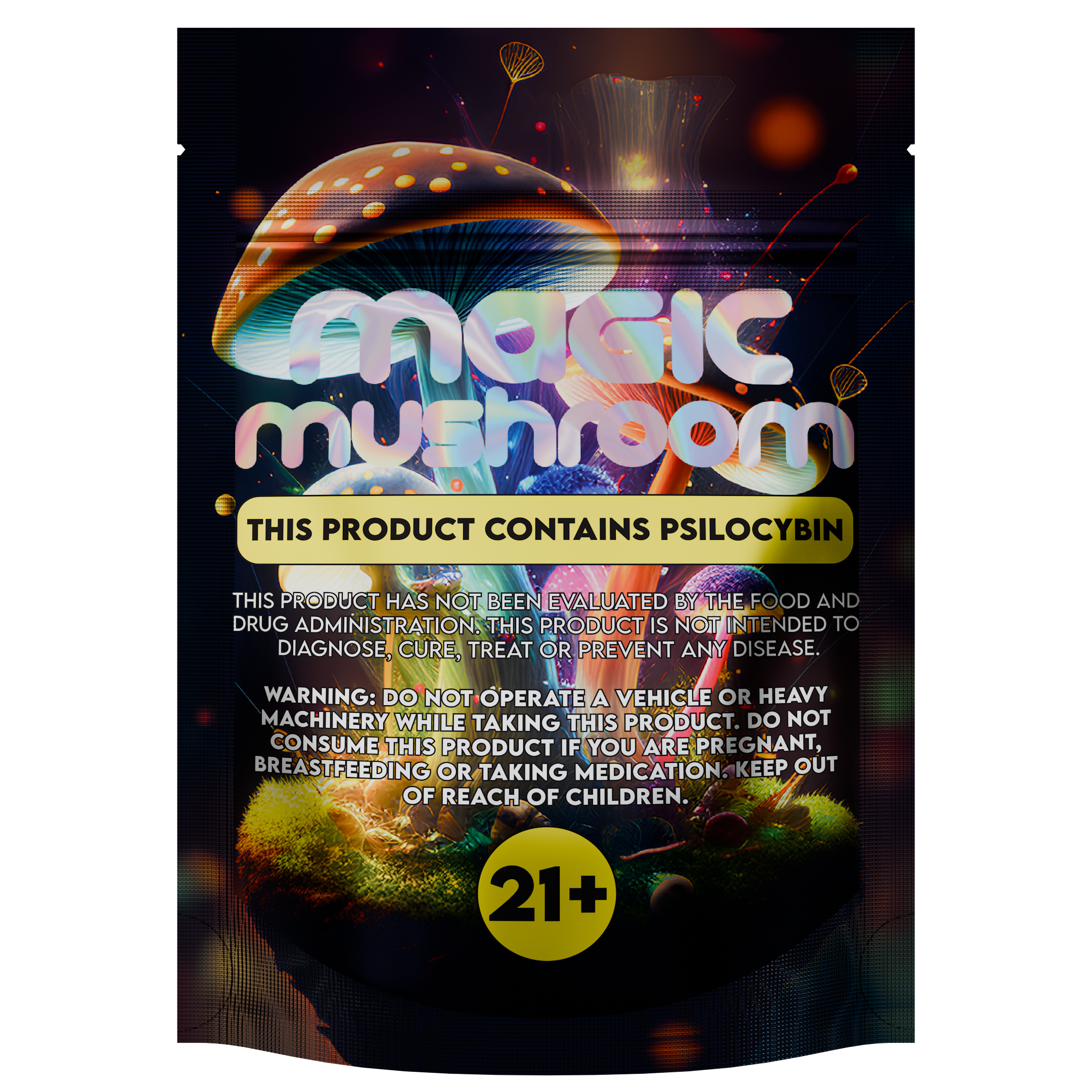 1/8th 3.5g 8th Holographic Black Designer Mushroom Custom Printed Mylar Bags (1,000 qty.) - Dragon Chewer