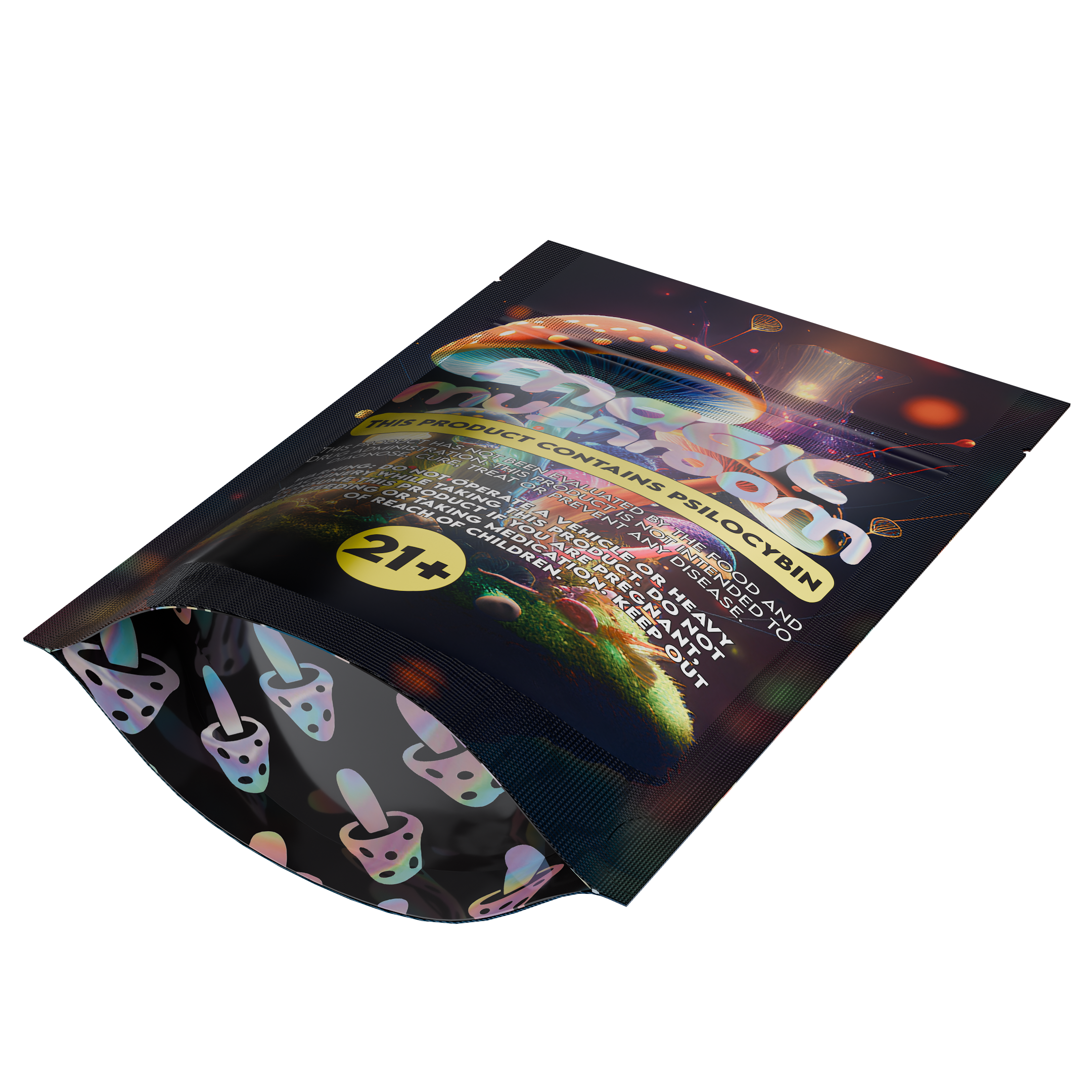 1/8th 3.5g 8th Holographic Black Designer Mushroom Custom Printed Mylar Bags (100 qty.) - Dragon Chewer