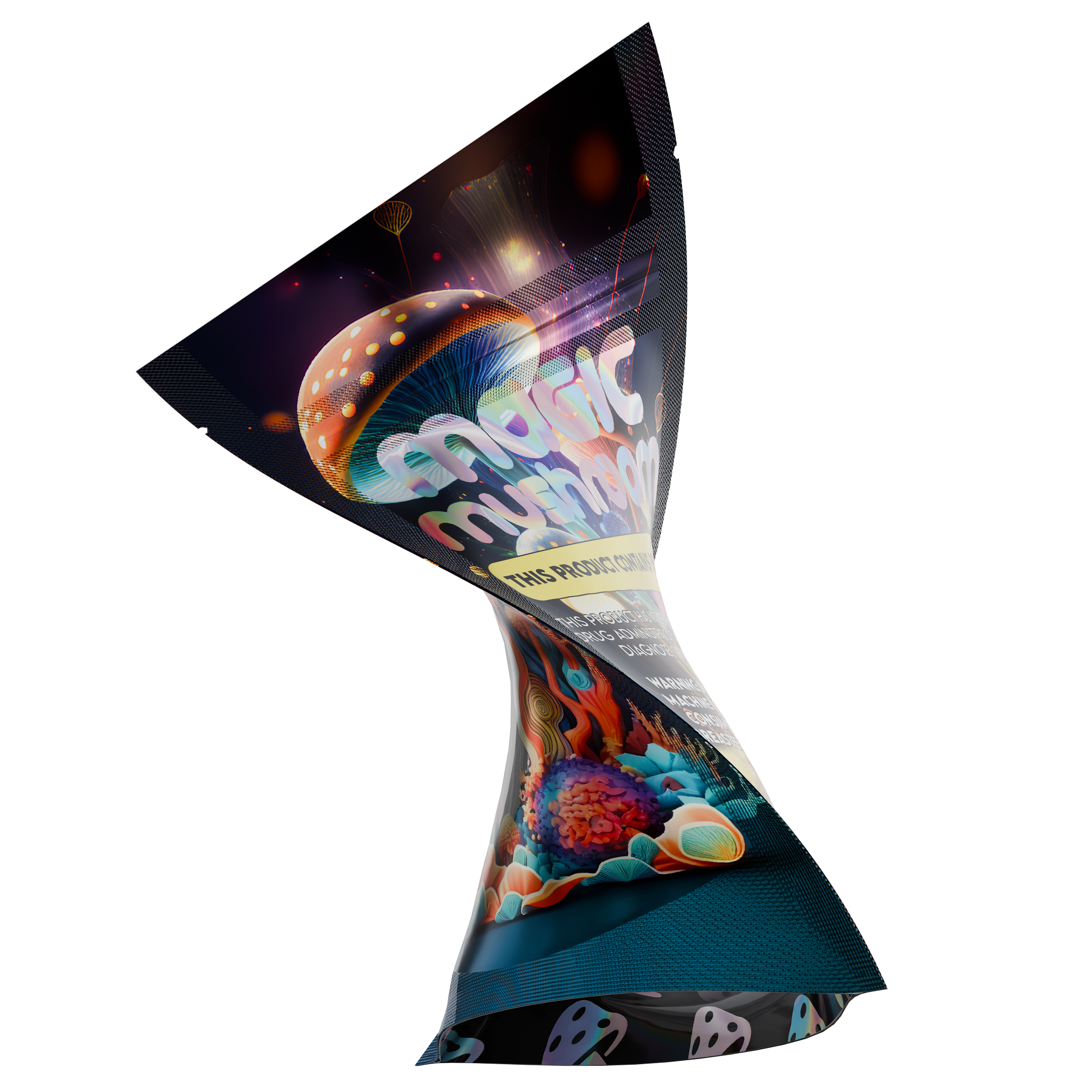 1/8th 3.5g 8th Holographic Black Designer Mushroom Custom Printed Mylar Bags (100 qty.) - Dragon Chewer
