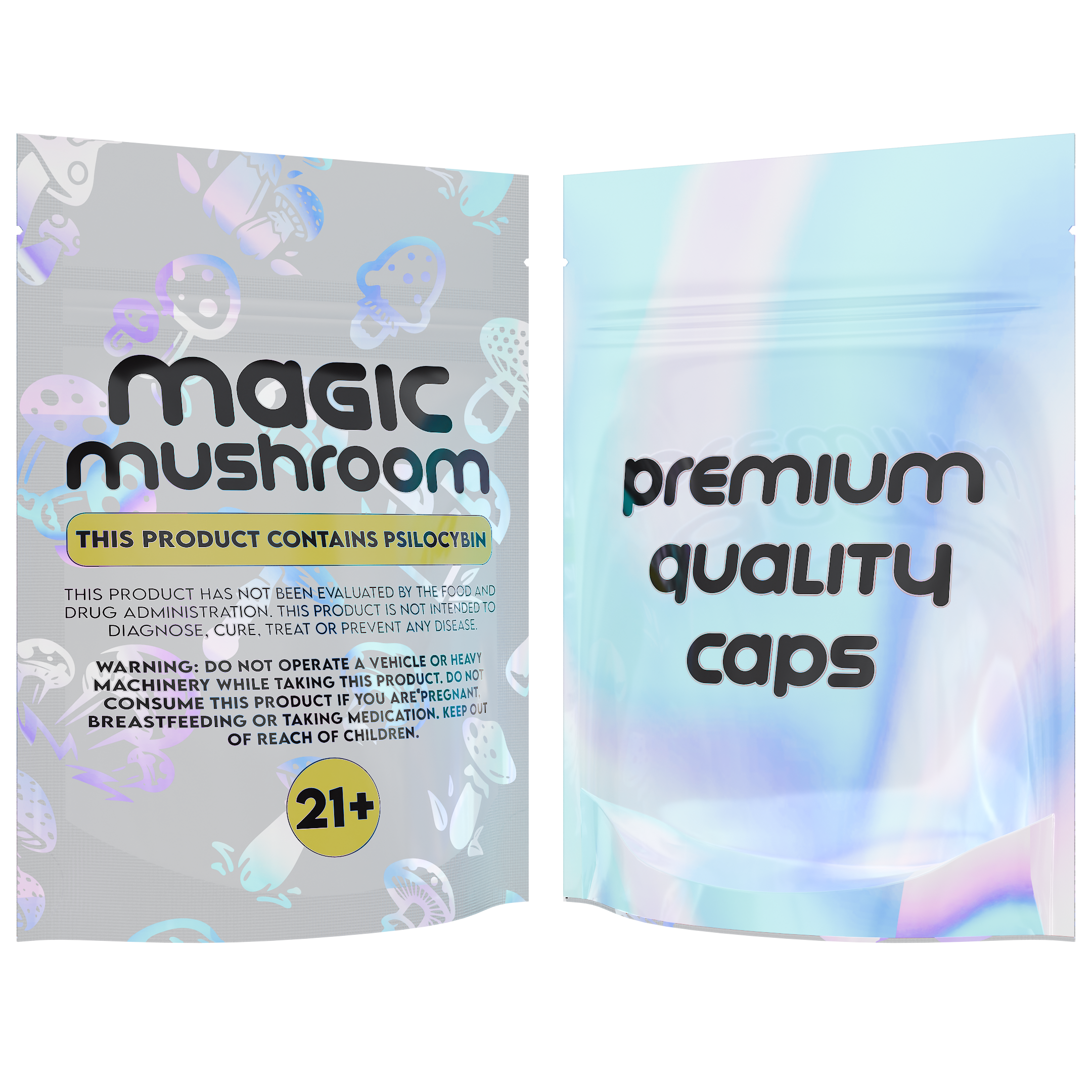 1/8th 3.5g 8th Holographic White Designer Mushroom Custom Printed Mylar Bags (100 qty.)