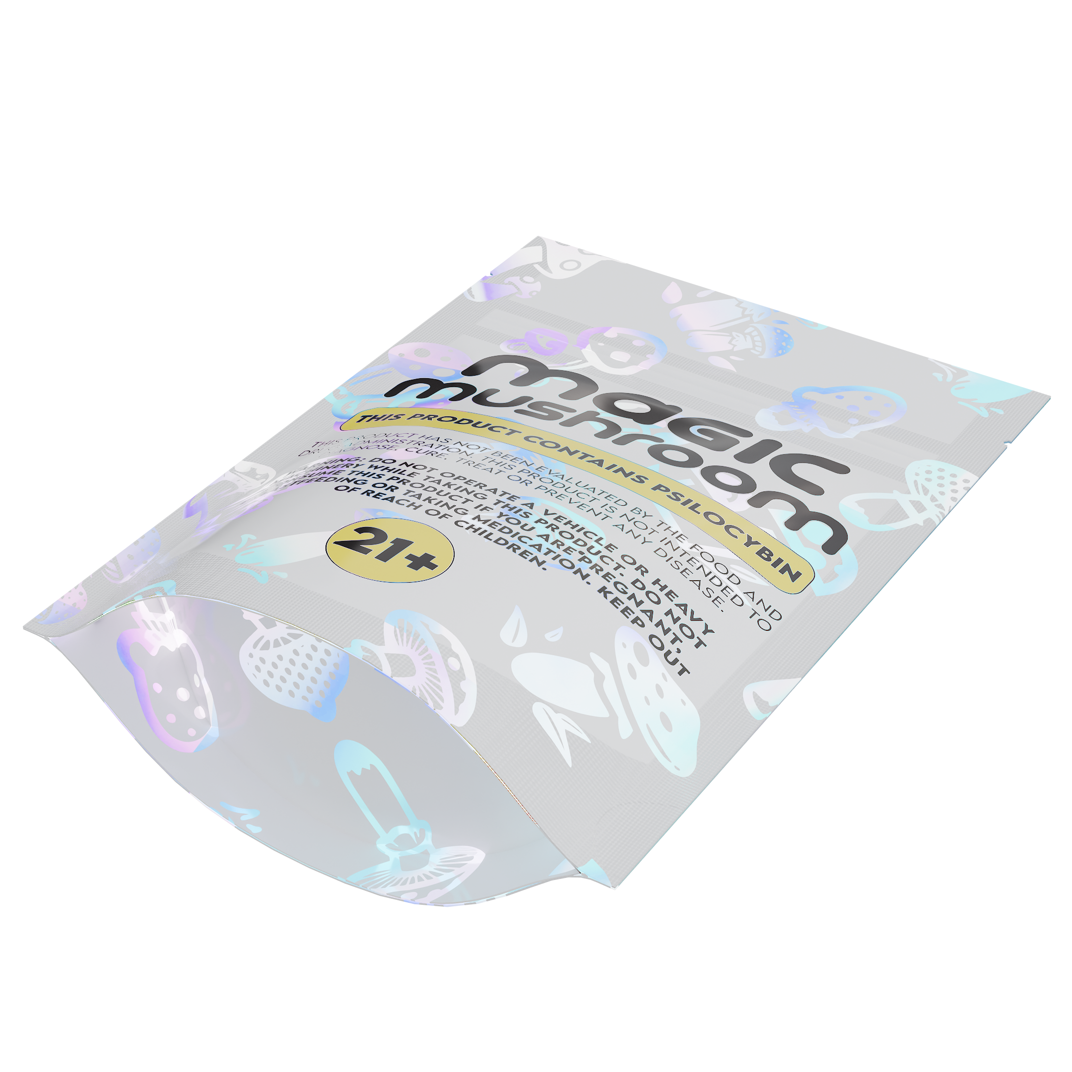 1/8th 3.5g 8th Holographic White Designer Mushroom Custom Printed Mylar Bags (1,000 qty.)
