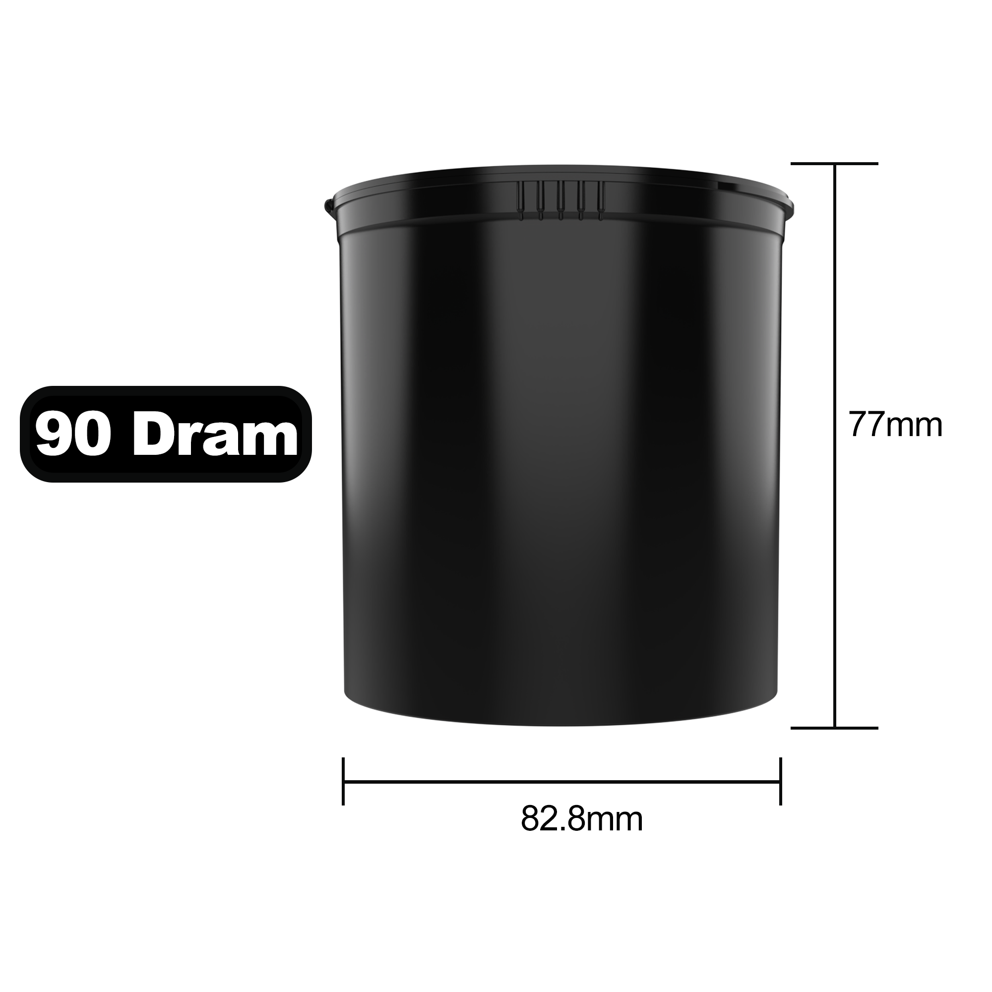 90 Dram Dragon Chewer Black Big Pop Top diagram size template. Capacity 1 one ounce 1/2 oz sustainable packaging material biodegradable dragon chewer high lock ocean recycled plastic eco friendly