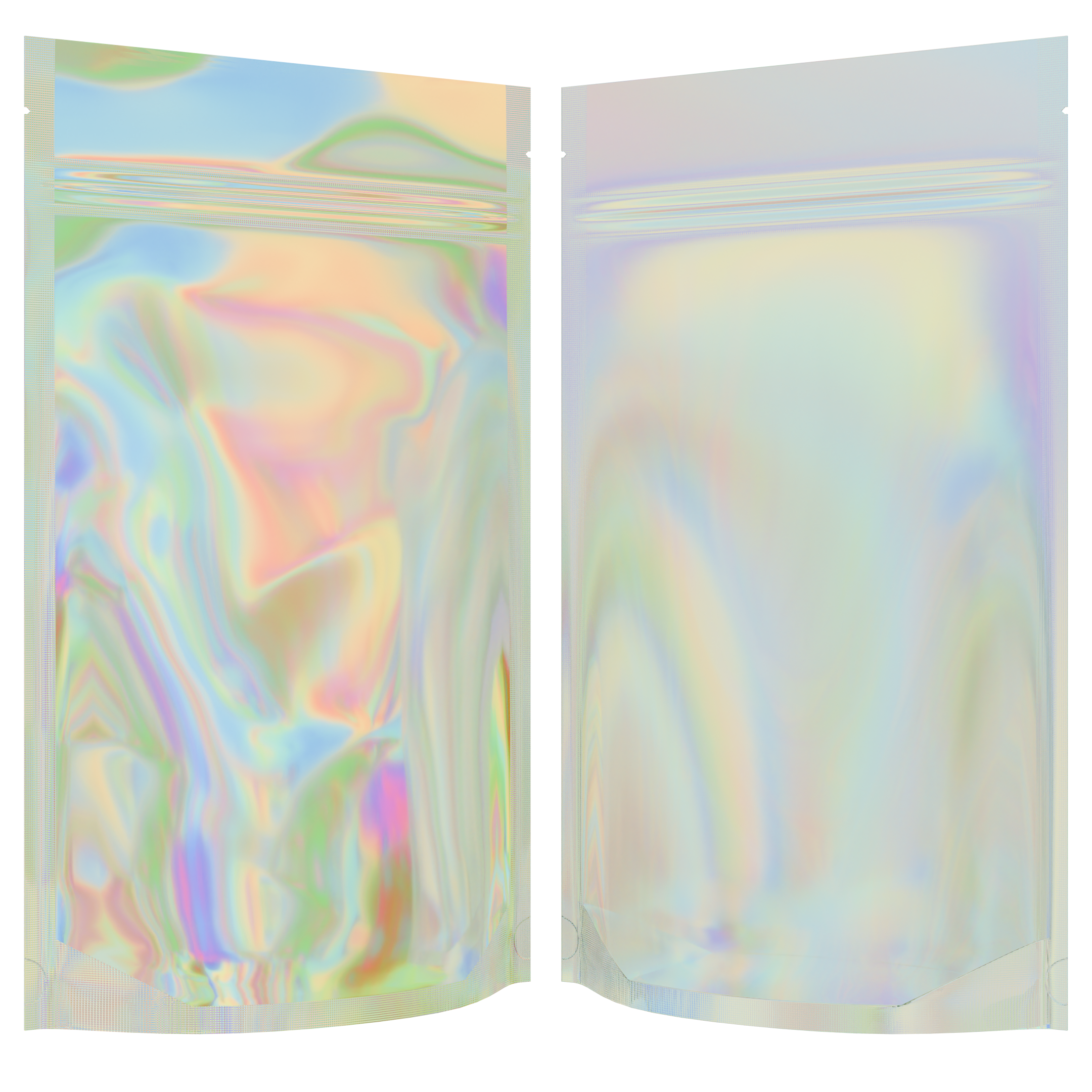 Gloss Holographic Vista Clear Translucent Transparent Dragon Chewer 14g gram 1/2 ounce smell proof mylar bags by HIGHLOCK. Best thick wholesale bulk dispensary custom child resistant packaging 420 barrier bags tamper evident resealable large food storage 5x8x2 50 bulk pack