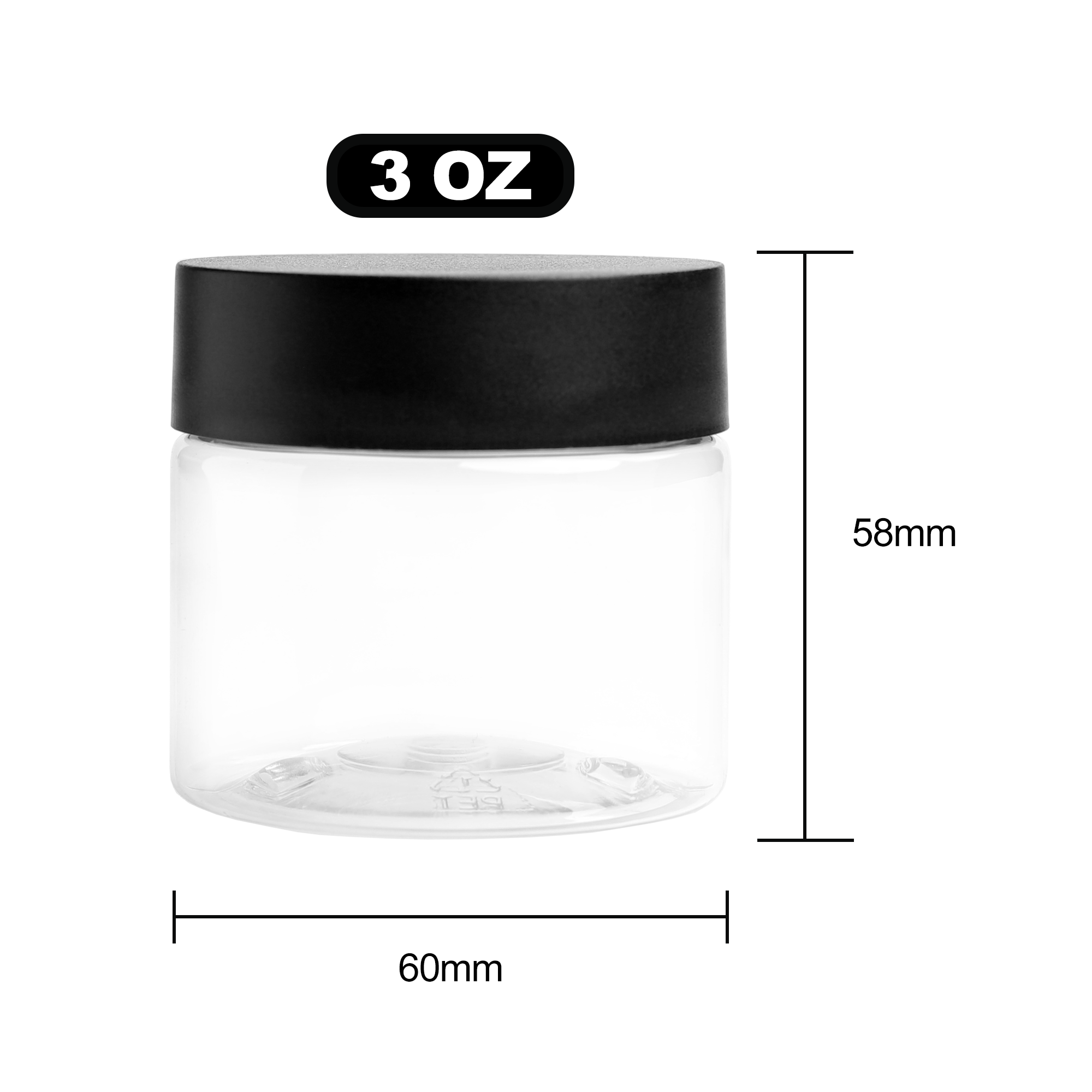 3 Ounce Clear PET Jar - Child Resistant Black Smooth Cap w/ Liner - (512 qty.) - Dragon Chewer