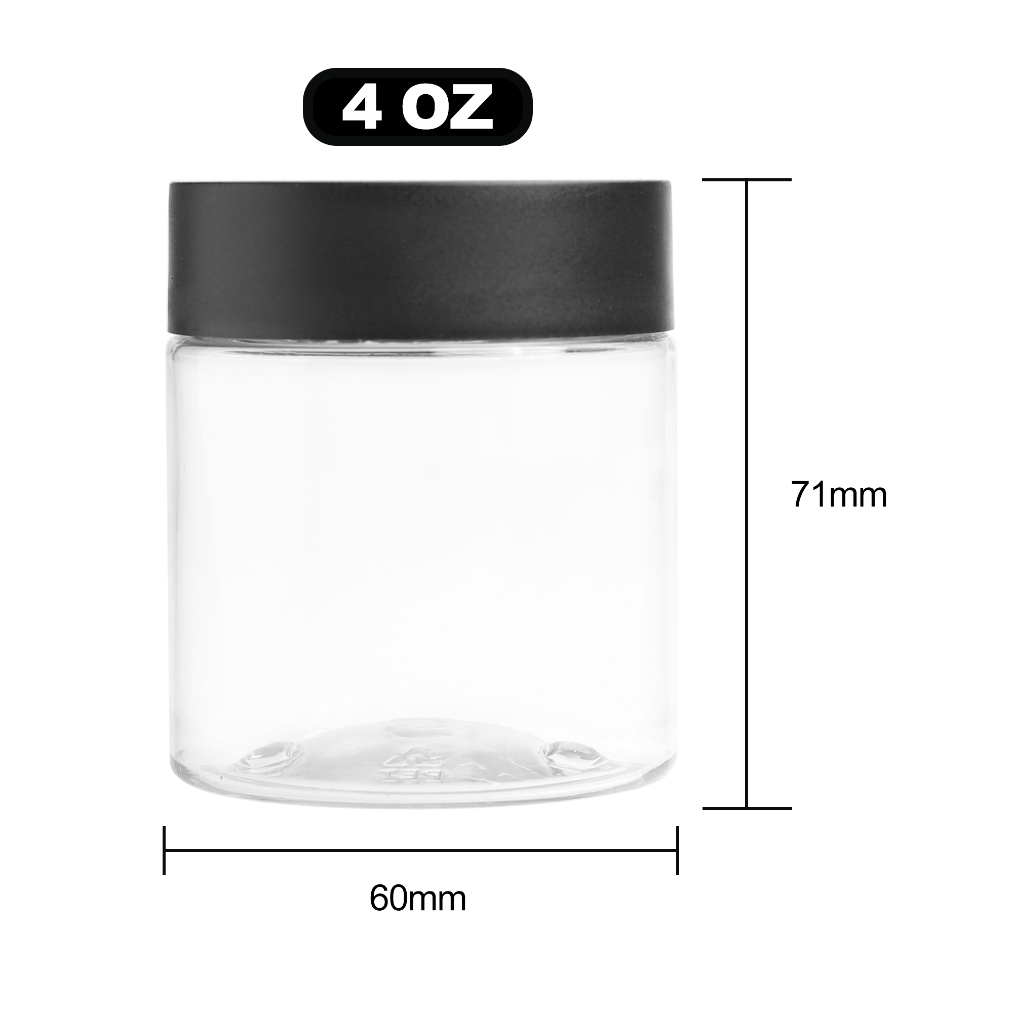 4 Ounce Clear PET Jar - Child Resistant Black Smooth Cap w/ Liner - (516 qty.) - Dragon Chewer