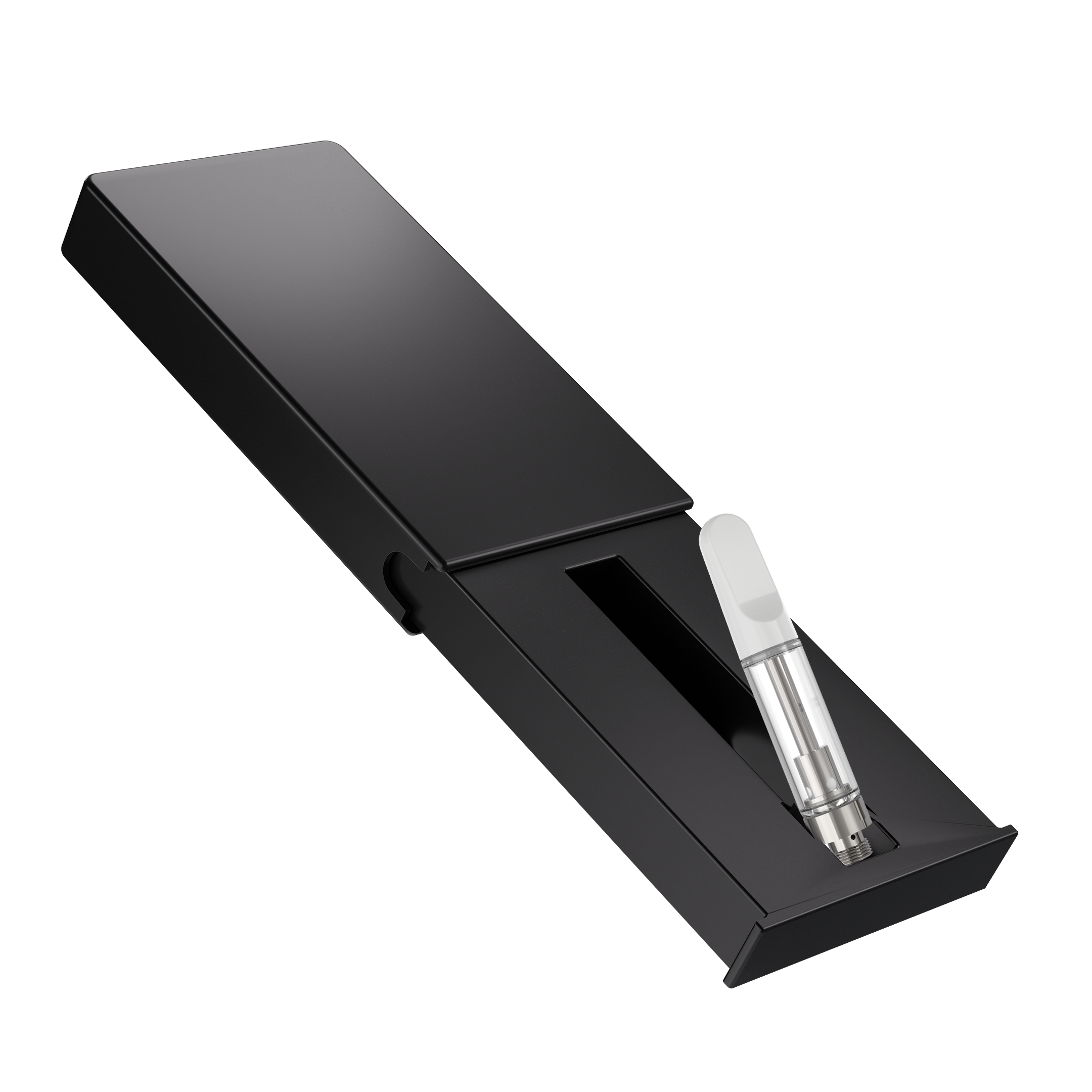 A black and black CPSC certified child resistant pre-roll slider box with a vape cartridge inside, designed for holding .5ml & 1ml cartridges securely.
