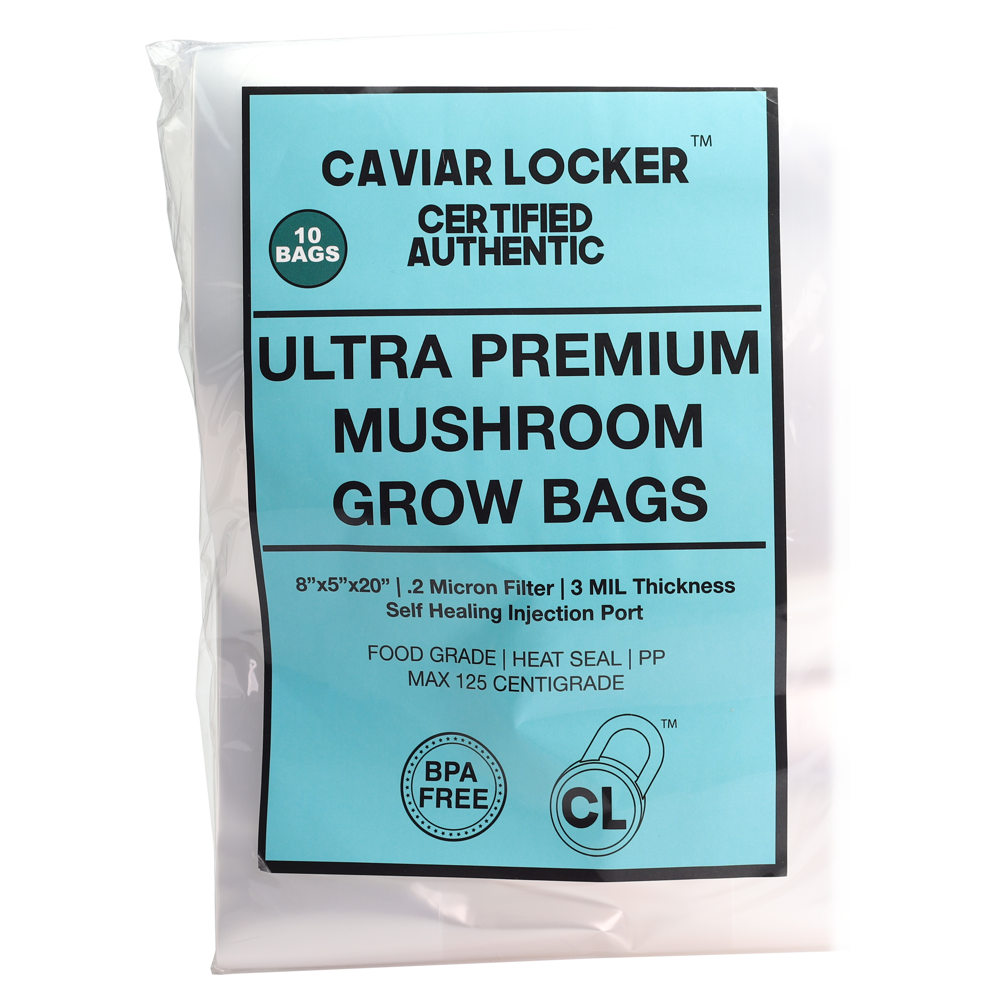 Mushroom Grow Bags - Autoclave Compatible .2 Micron Filter with Injection Port 8x5x20 - (10 qty.) - Dragon Chewer