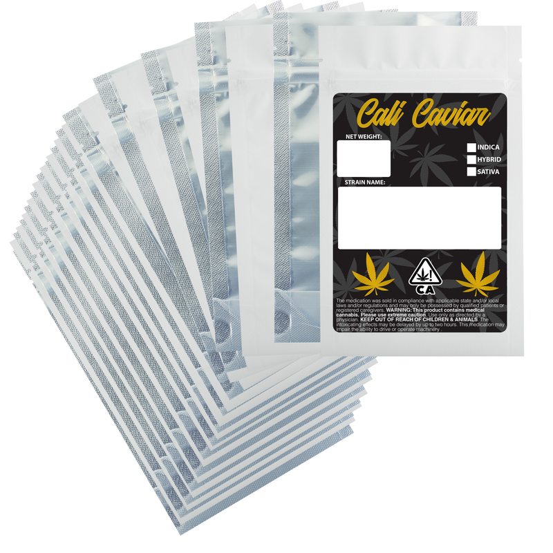 1/4 Ounce Matte White & Clear Designer Custom Mylar Bags + Labels (100 qty.)
