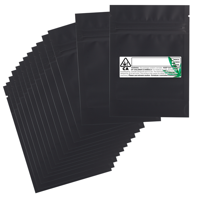 Opaque Matte Black Dragon Chewer 3.5g 1/8th ounce smell proof foil mylar bags by the Caviar Locker with custom designer rx strain labels. Thick wholesale bulk dispensary custom child resistant packaging 420 long term storage barrier bags with thc stickers. 