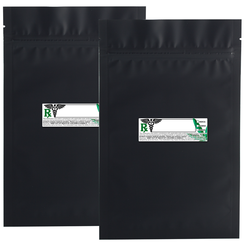 Opaque Matte Black Dragon Chewer 28g ounce smell proof foil mylar bags by the Caviar Locker with custom designer rx strain labels. Thick wholesale bulk dispensary custom child resistant packaging 420 long term storage barrier bags with thc stickers. 