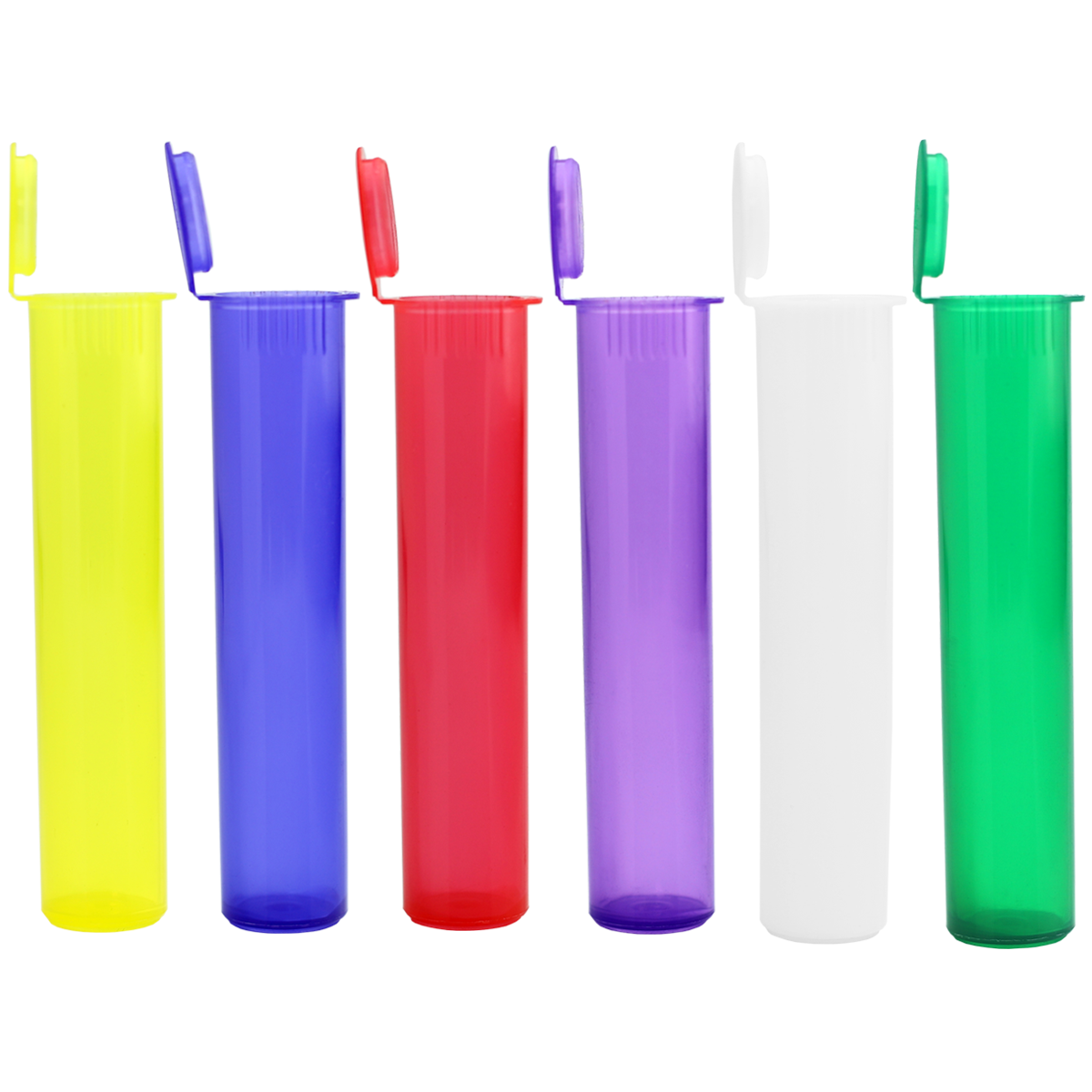 Mixed Colors 98 mm joint tubes, pre roll tubes, pre roll vials, pre roll jars, pre roll containers. Wholesale dragon chewer child resistant dispensary pre roll packaging supplies. Bulk smell proof squeeze top style doob tubes. Best custom pre roll dispensary packaging.