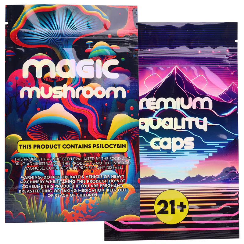 Elevate Your Brand with Dragon Chewer's Holographic Black Designer Mushroom Custom-Printed Mylar Bags - A Stylish Solution for Your Product Packaging Needs