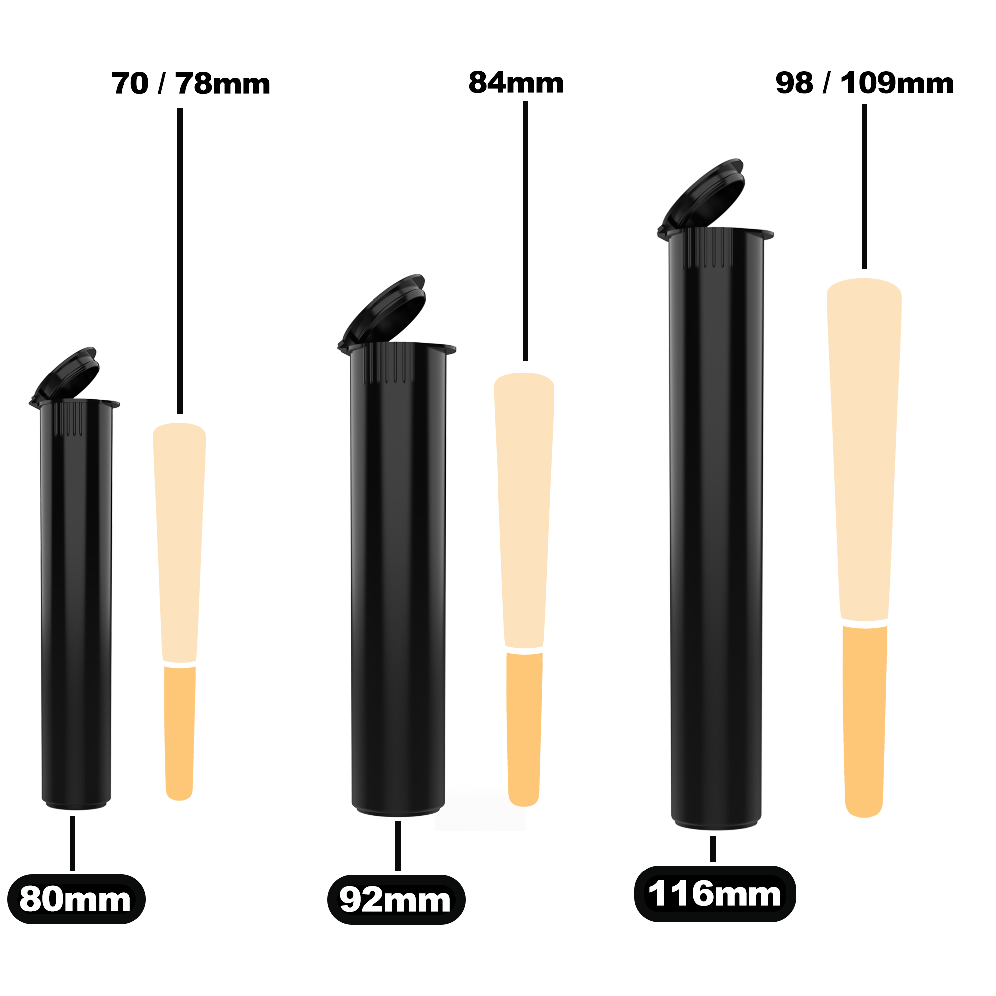 Hero image: "Pre-roll tube size comparison — 80mm, 98mm, 109mm, and 116mm cannabis tubes side by side"