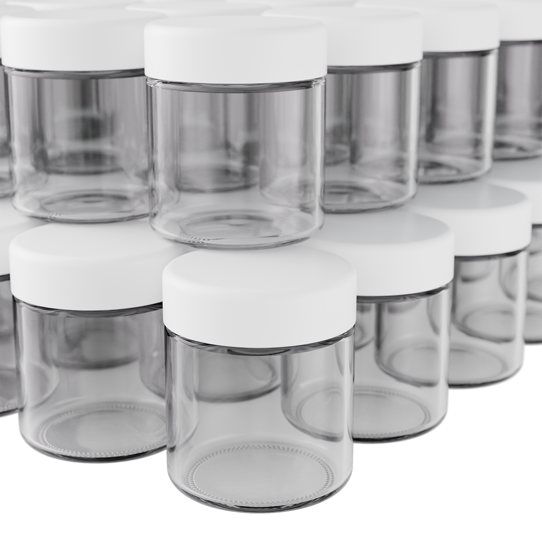 Premium 3 oz Clear Glass Jars with Child-Resistant White Smooth Cap – 150-Pack Bulk | Dragon Chewer