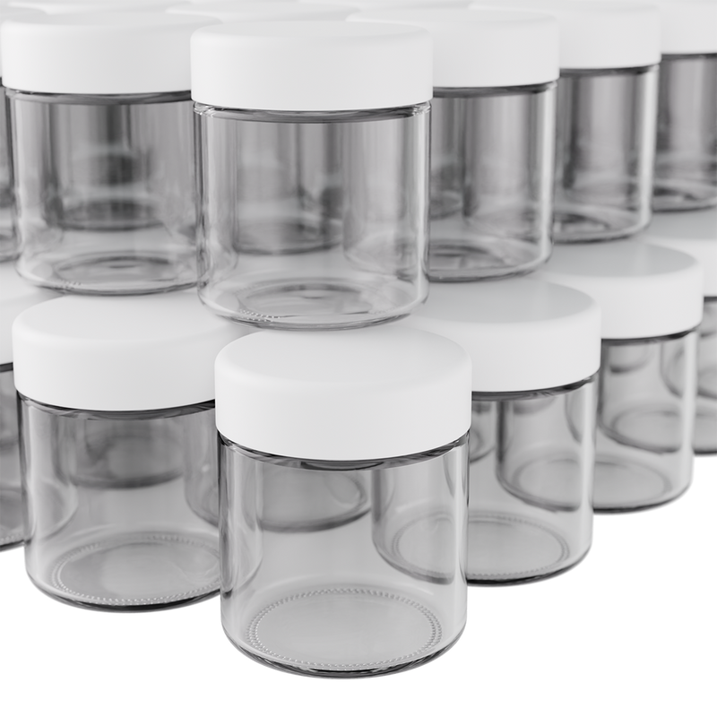 Premium 3 oz Clear Glass Jars with Child-Resistant White Smooth Cap – 150-Pack Bulk | Dragon Chewer
