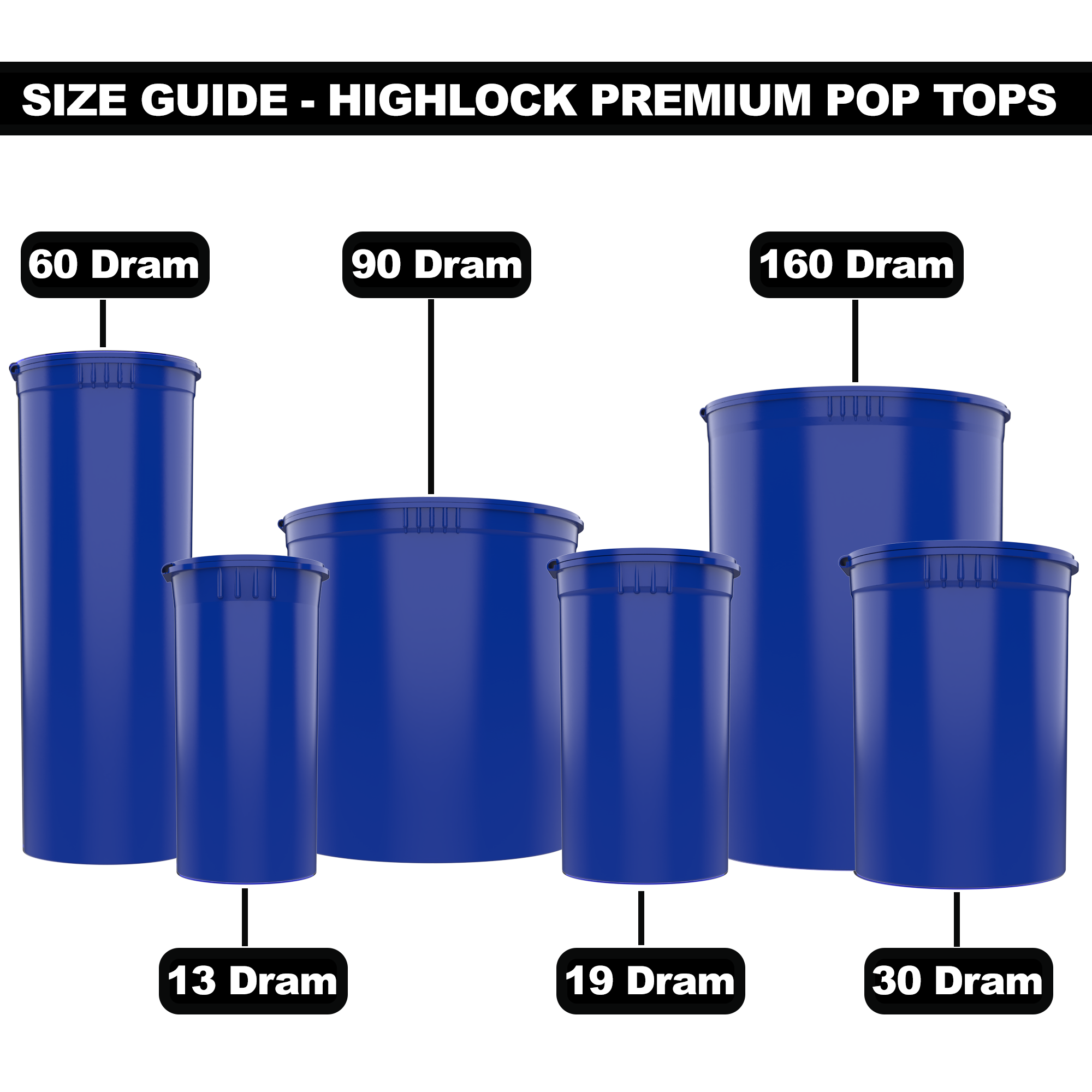 Blue Pop Top Containers 6 13 19 30 60 90 160 small big CR child resistant proof bulk wholesale bottles vials near me with lid bulk large plastic USA storage cannabis mj marijuana packaging supplies size guide template highlock HL