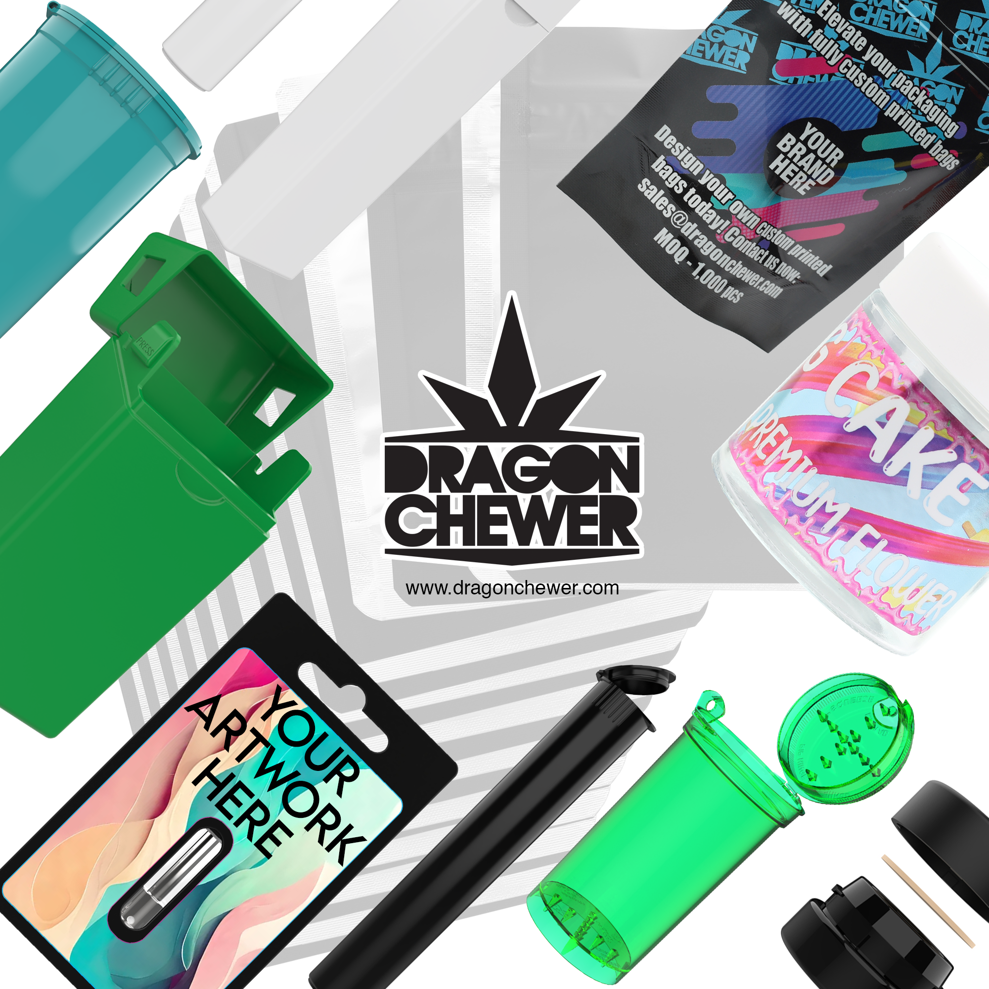 wholesale cannabis packaging dispensary supplies mylar bags pop top bottles pre-roll tubes glass jars compliance labels Dragon Chewer