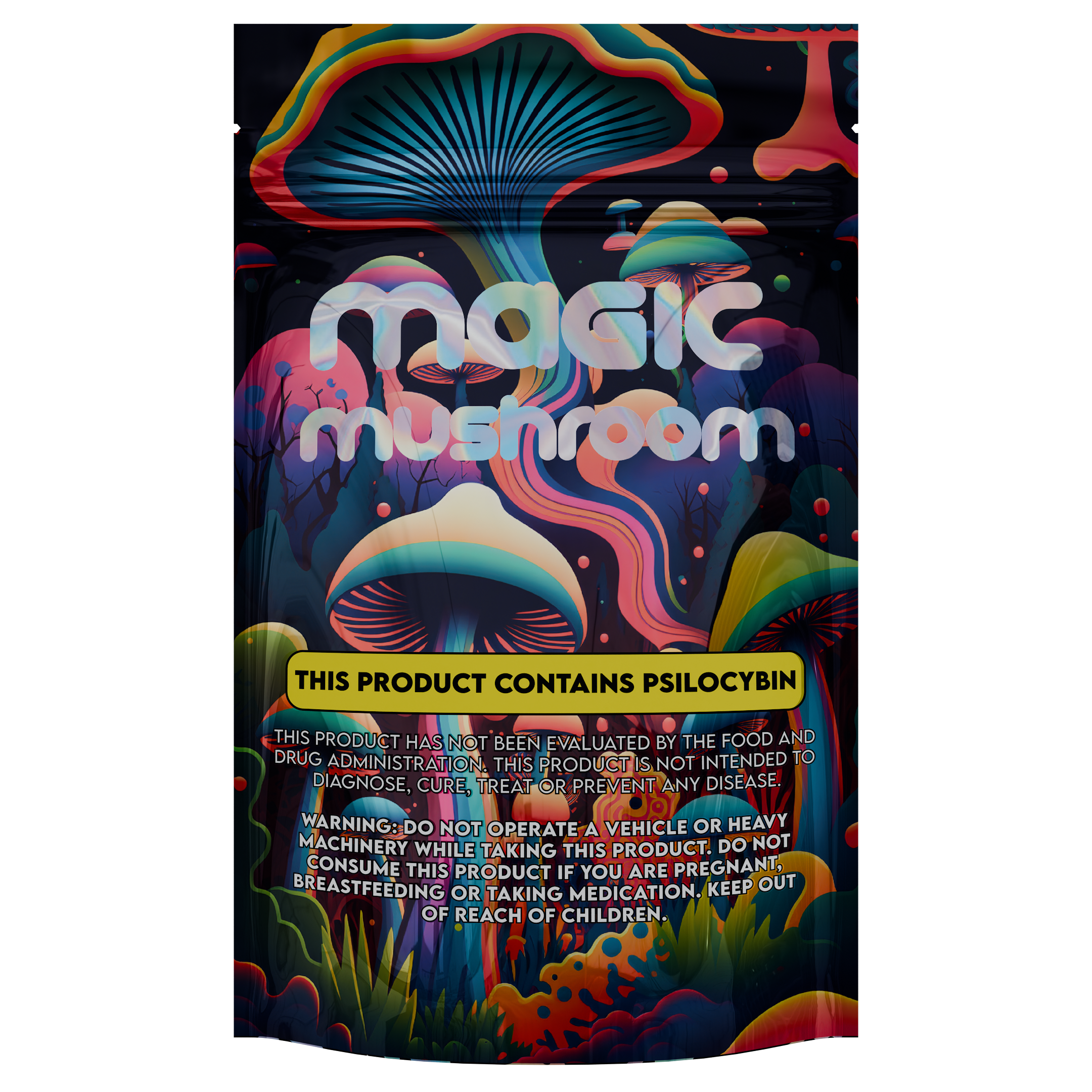 1/4th Ounce Holographic Black Designer Mushroom Custom Printed Mylar Bags (100 qty.) - Dragon Chewer