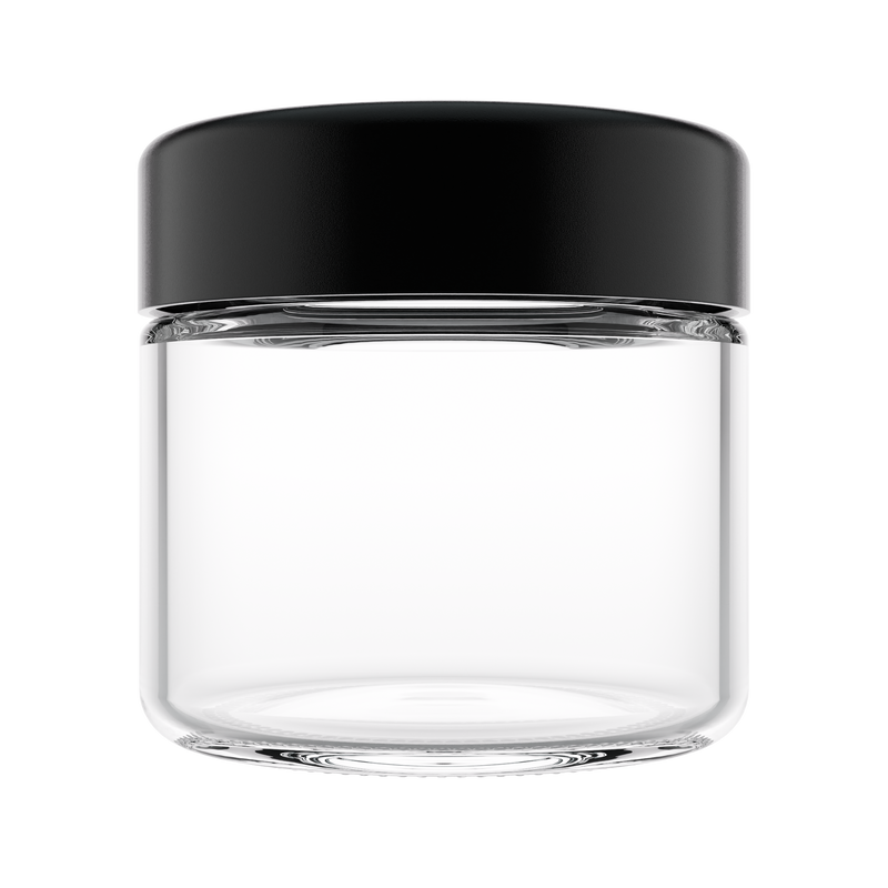 2 Ounce Clear Glass Jar - Child Resistant Black Smooth Cap - (200 qty.)
