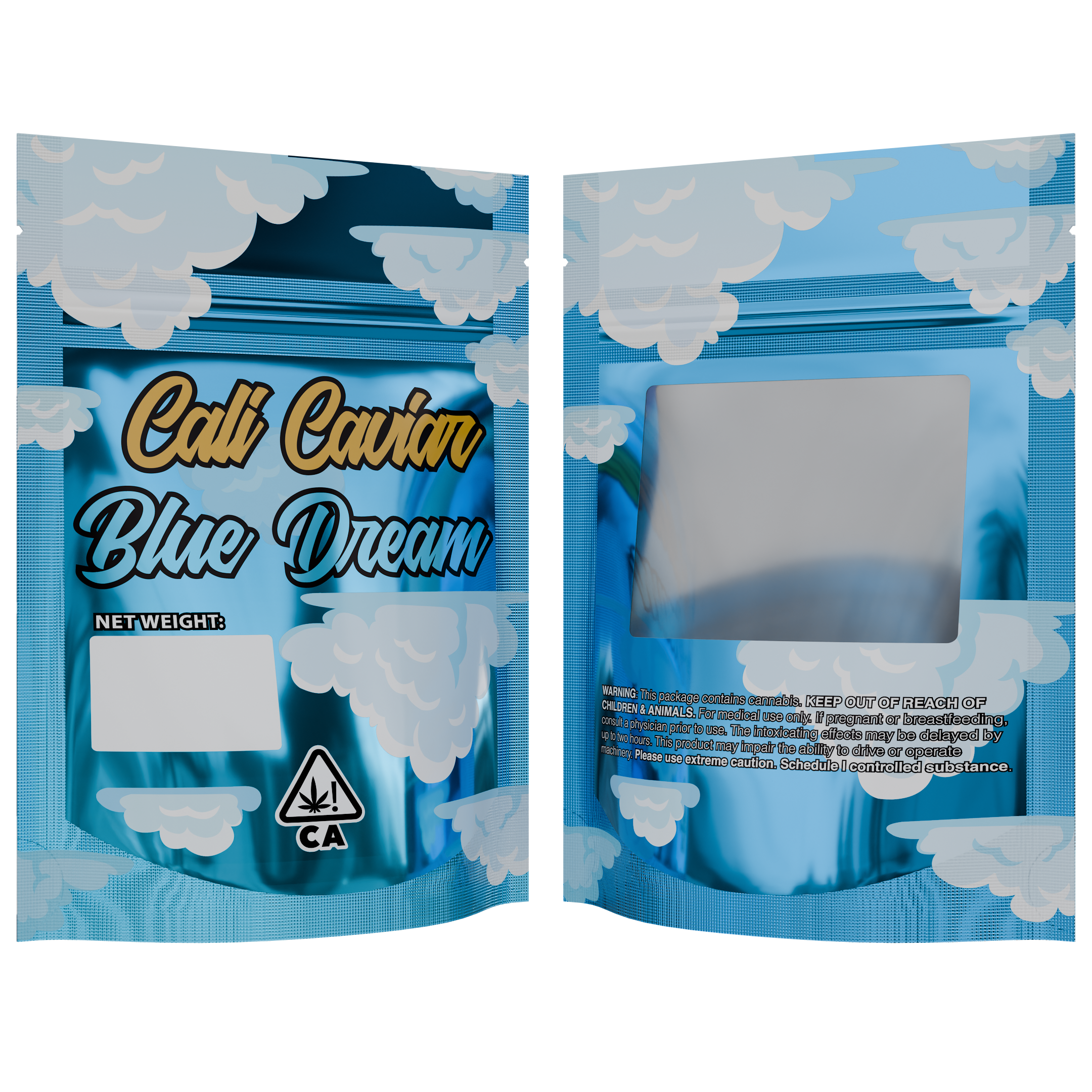 1/8th 3.5g 8th Blue Cali Caviar Holographic Designer Custom Printed Mylar Bags (1,000 qty.)