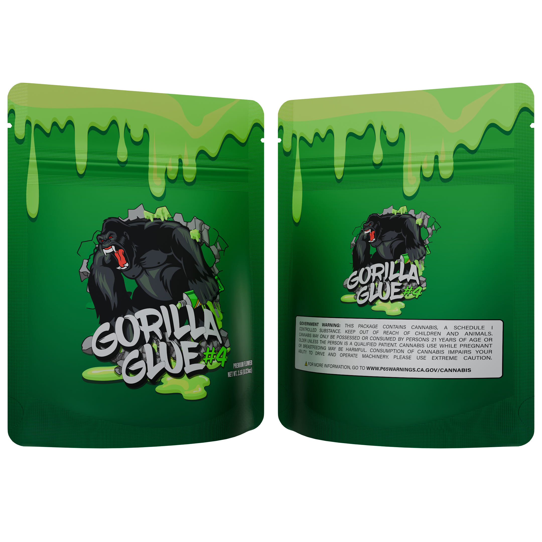 1/8th 3.5g Ounce Gorilla Glue Designer Custom Printed Mylar Bags (100 qty.)