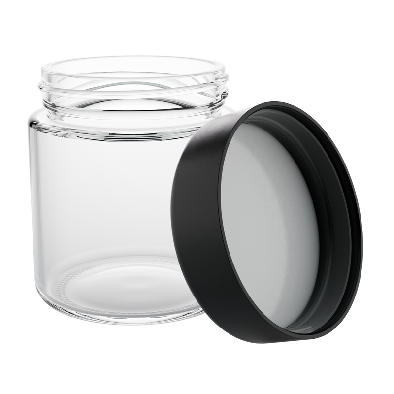 3 Ounce Clear Glass Jar - Child Resistant Black Smooth Cap - (150 qty.)