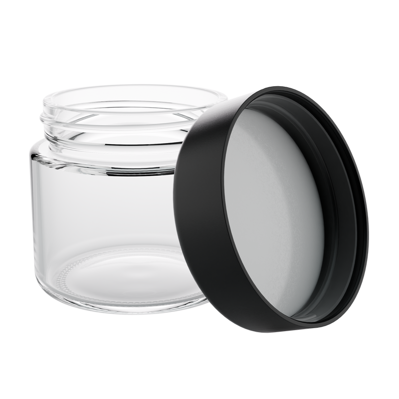 2 Ounce Clear Glass Jar - Child Resistant Black Smooth Cap - (200 qty.)