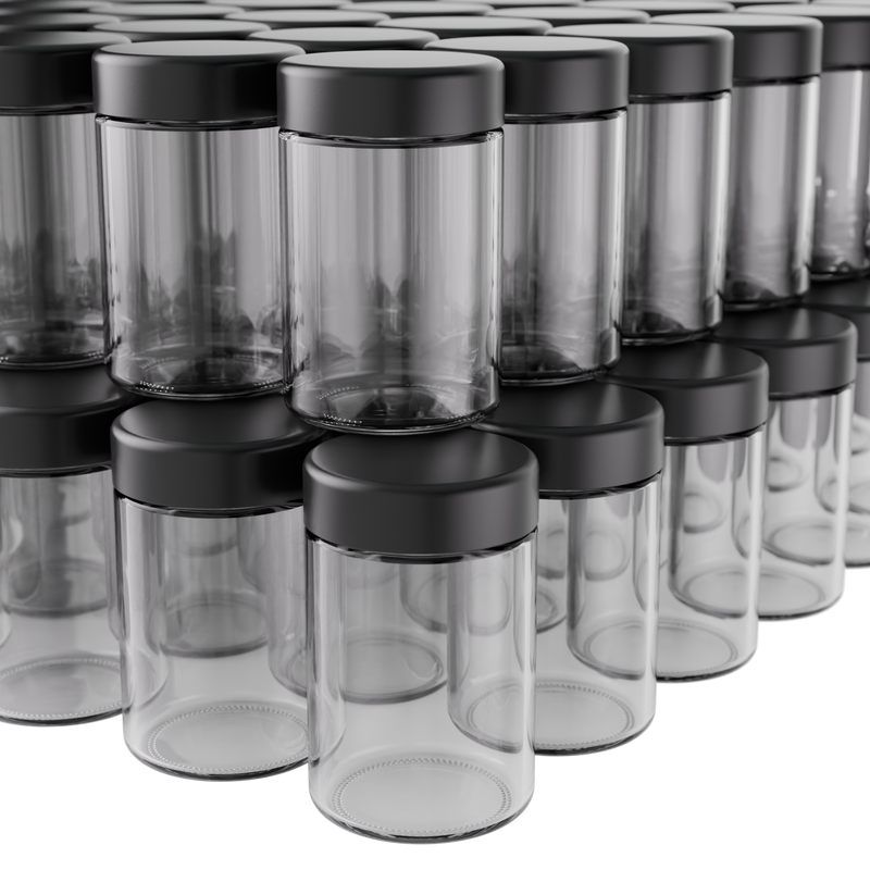 5 Ounce Clear Glass Jar - Child Resistant Black Smooth Cap - (100 qty.)
