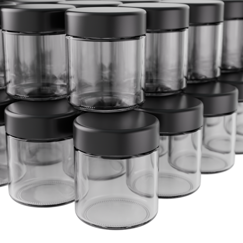 3 Ounce Clear Glass Jar - Child Resistant Black Smooth Cap - (150 qty.)