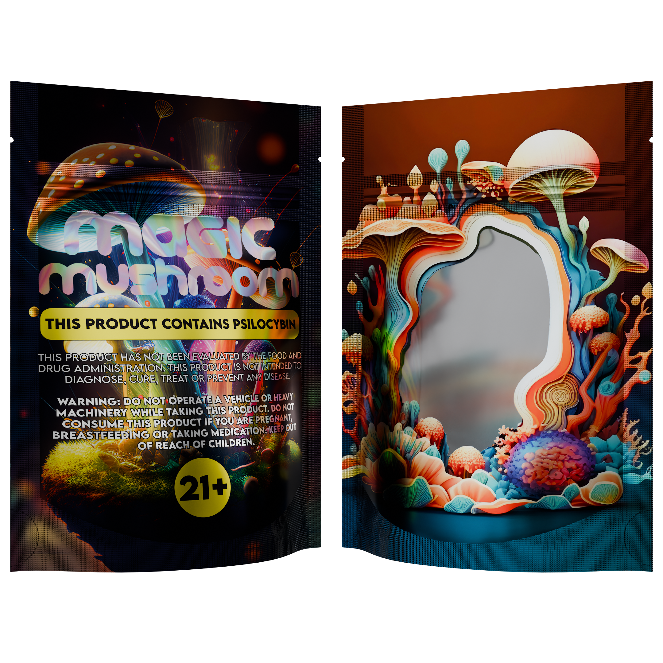 1/8th 3.5g 8th Holographic Black Designer Mushroom Custom Printed Mylar Bags (1,000 qty.) - Dragon Chewer