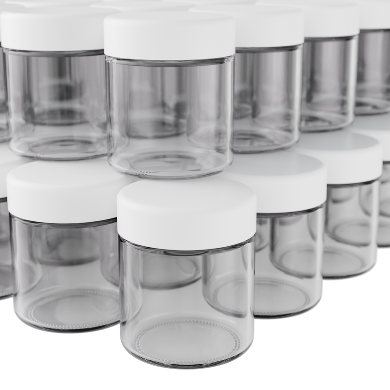 3 Ounce Clear Glass Jar - Child Resistant White Smooth Cap - (150 qty.)