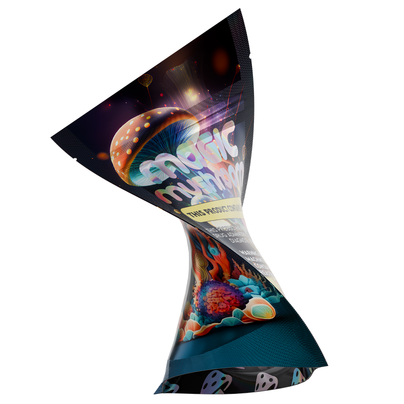 1/8th 3.5g 8th Holographic Black Designer Mushroom Custom Printed Mylar Bags (1,000 qty.) - Dragon Chewer