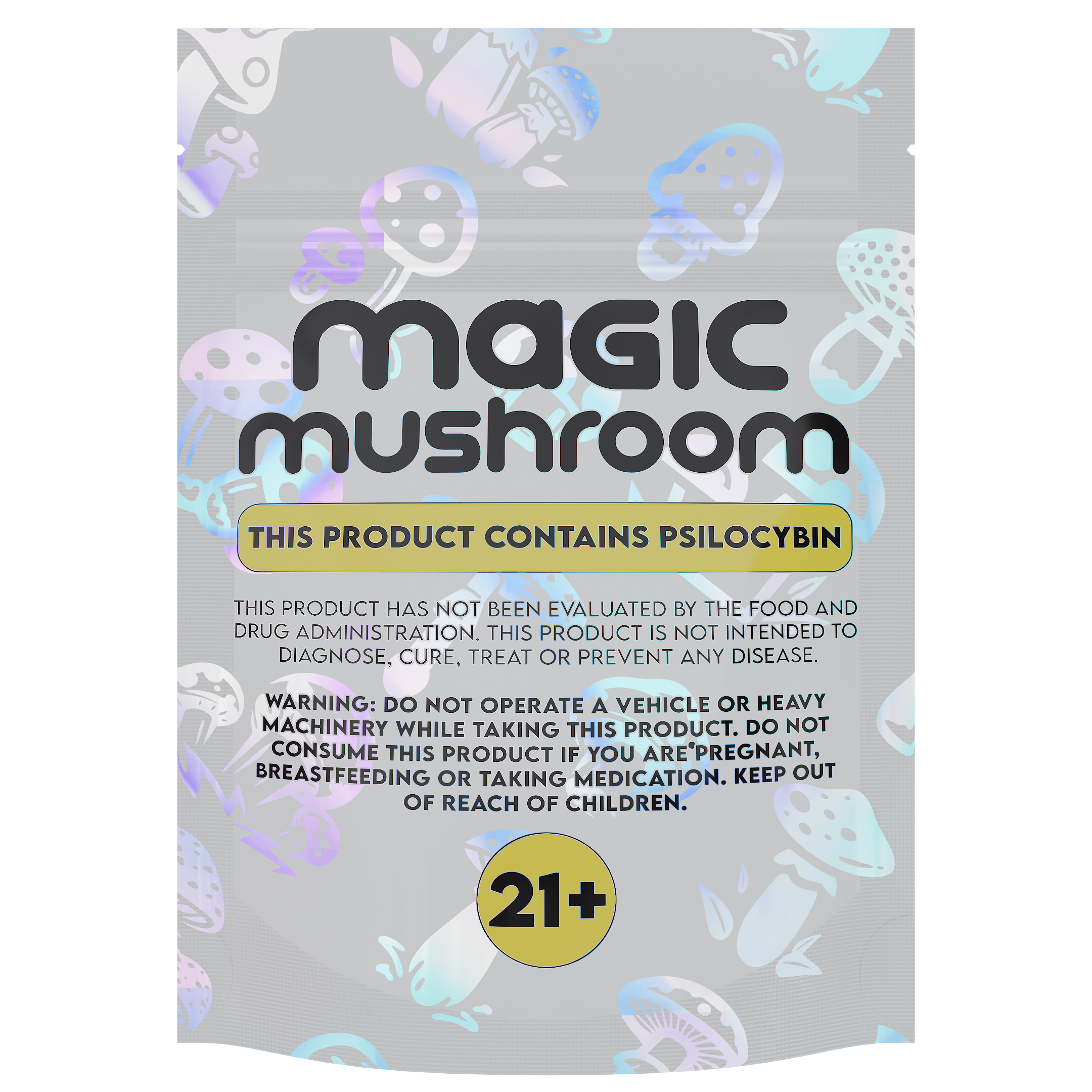 1/8th 3.5g 8th Holographic White Designer Mushroom Custom Printed Mylar Bags (100 qty.) - Dragon Chewer
