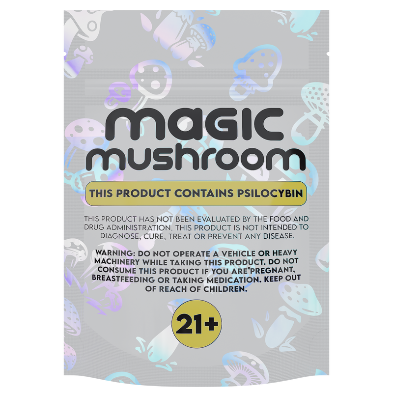 1/8th 3.5g 8th Holographic White Designer Mushroom Custom Printed Mylar Bags (1,000 qty.)