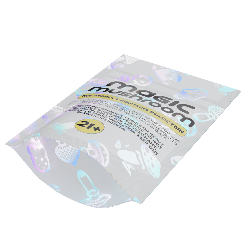 1/8th 3.5g 8th Holographic White Designer Mushroom Custom Printed Mylar Bags (100 qty.)