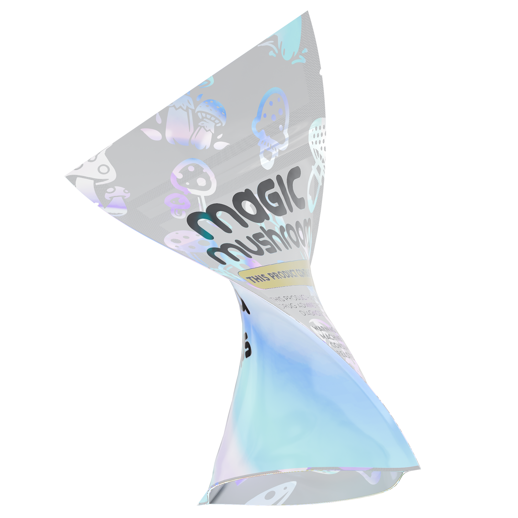 1/8th 3.5g 8th Holographic White Designer Mushroom Custom Printed Mylar Bags (100 qty.) - Dragon Chewer