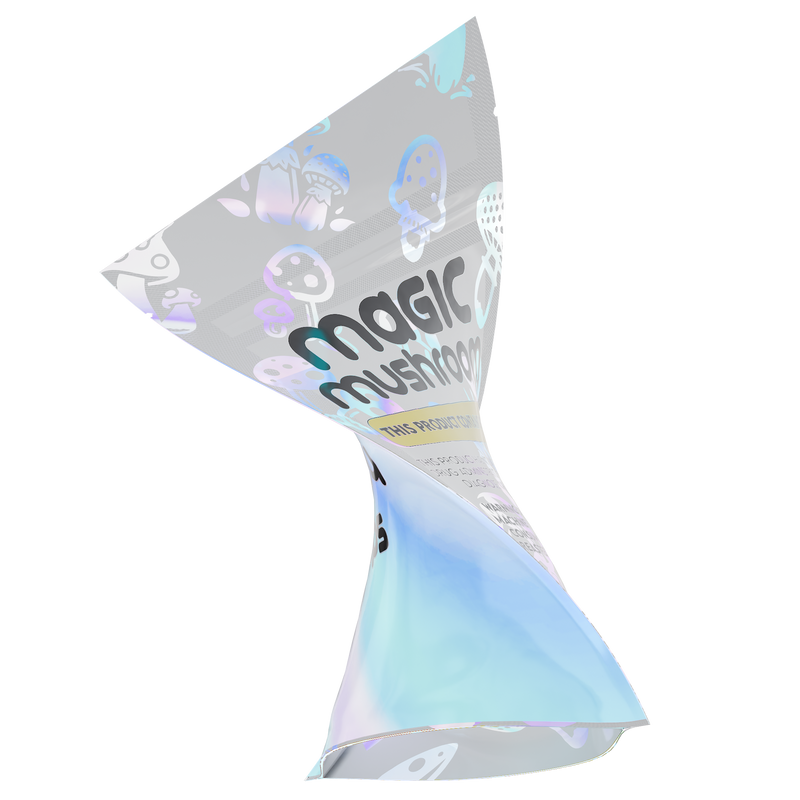 1/8th 3.5g 8th Holographic White Designer Mushroom Custom Printed Mylar Bags (100 qty.)