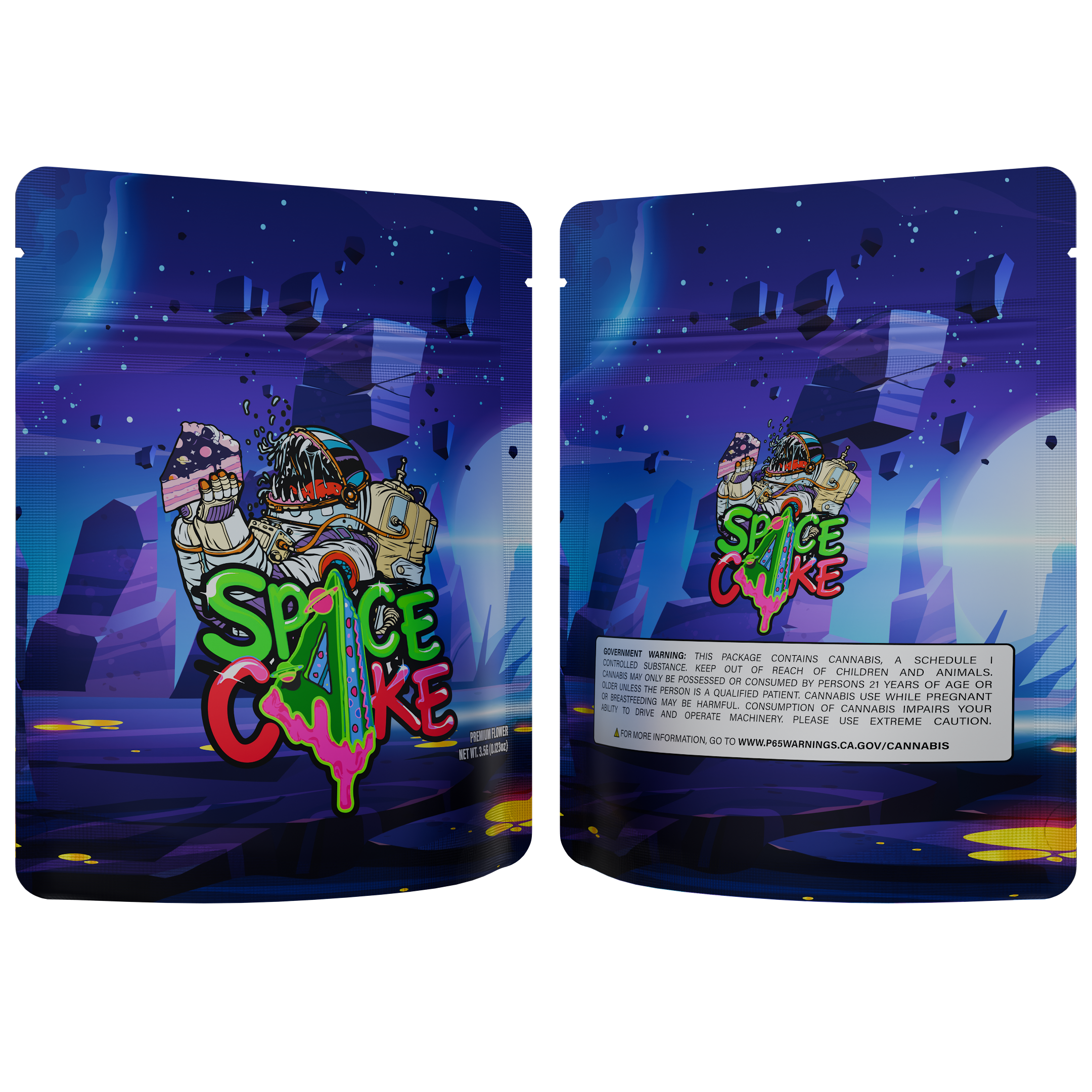 1/8th 3.5g Ounce Space Cake Designer Custom Printed Mylar Bags (100 qty.)