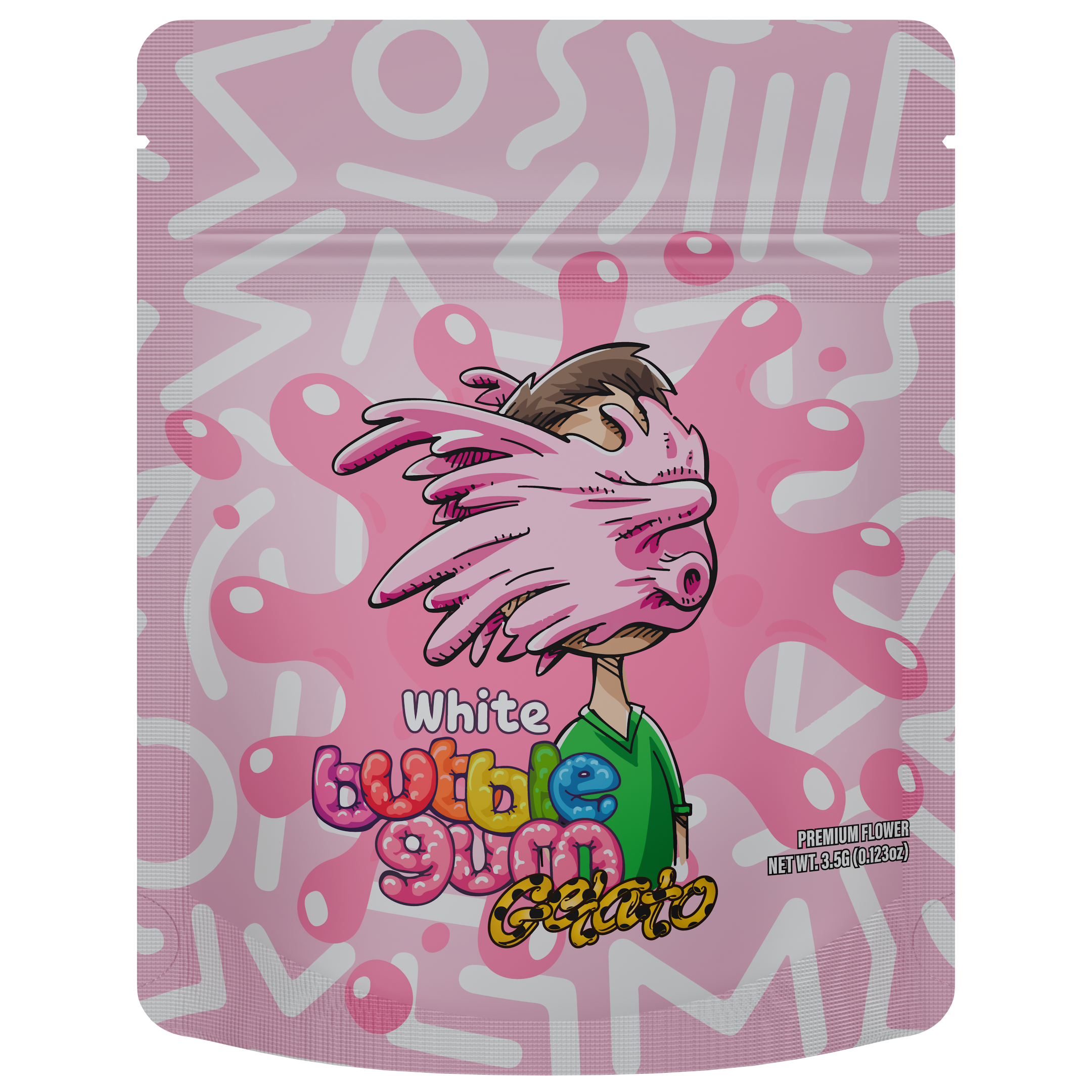 1/8th 3.5g Ounce White Bubblegum Gelato Designer Custom Printed Mylar Bags (1,000 qty.)