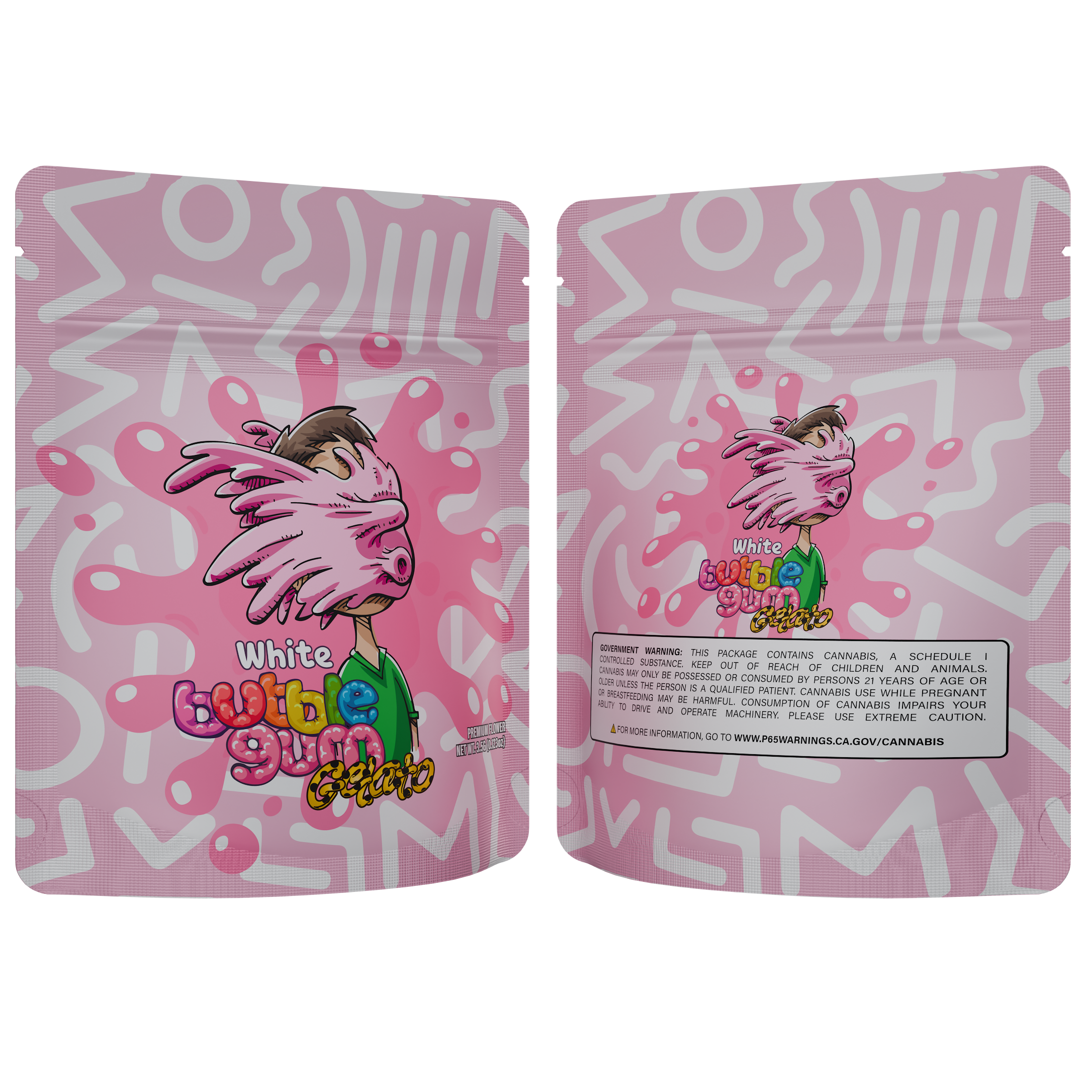 1/8th 3.5g Ounce White Bubblegum Gelato Designer Custom Printed Mylar Bags (100 qty.)