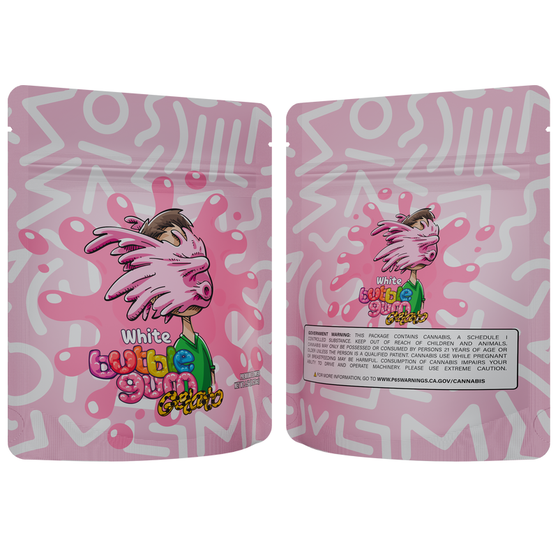 1/8th 3.5g Ounce White Bubblegum Gelato Designer Custom Printed Mylar Bags (100 qty.)