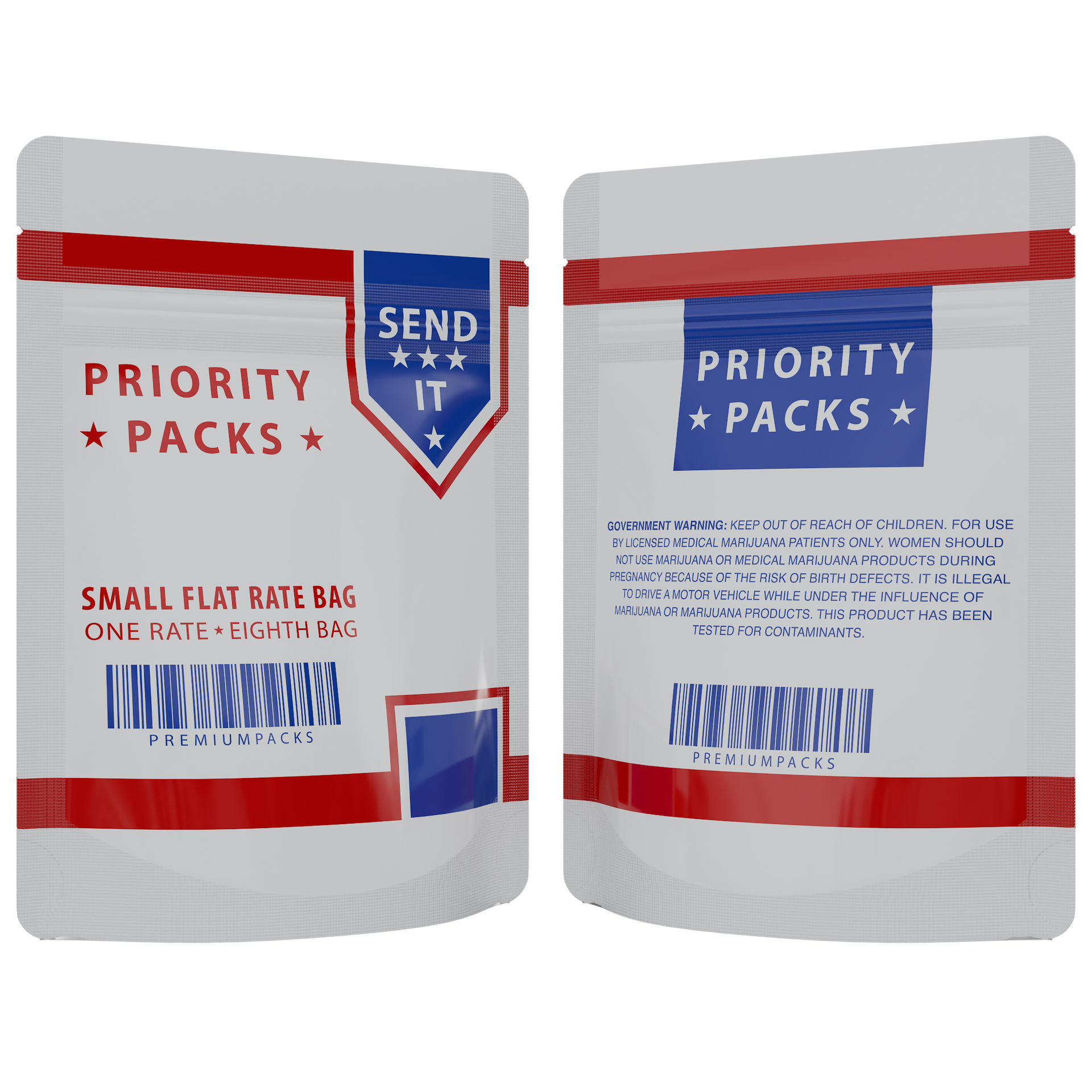 1/8th 3.5g White Priority Packs Designer Custom Printed Mylar Bags (1,