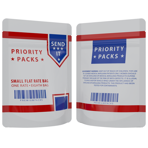 1/8th 3.5g White Priority Packs Designer Custom Printed Mylar Bags (1,