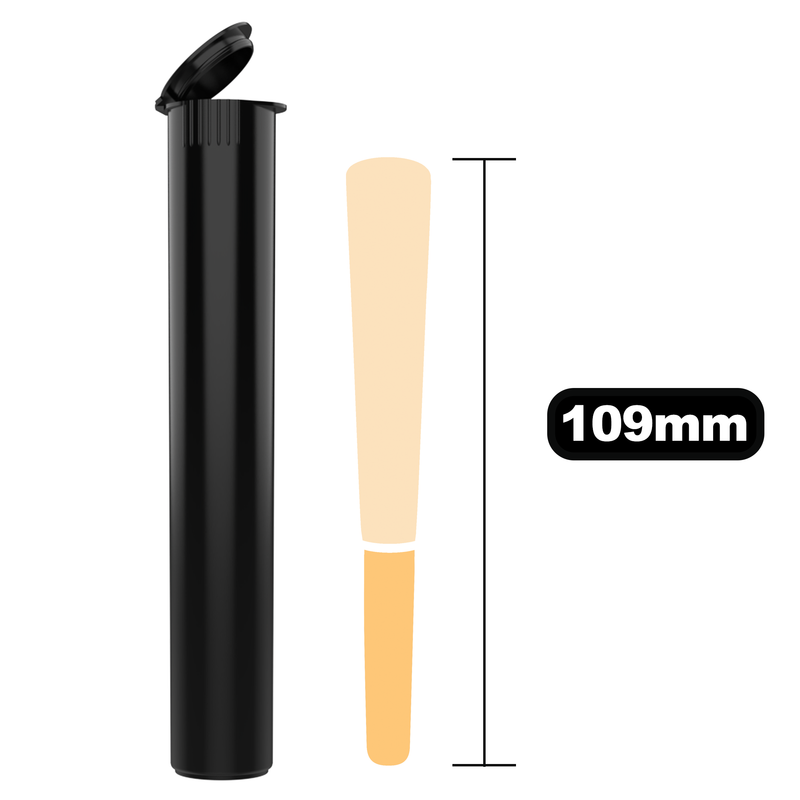 Black opaque wholesale 116mm 109mm King Size joint blunt child resistant CR tubes doob vial bulk rolling smell proof pop top HL Highlock dragon chewer squeeze top cannabis packaging tube mj marijuana 420 cones papers 1 gram BPA free compliant sustainable green PCR post-consumer recycled eco-friendly
