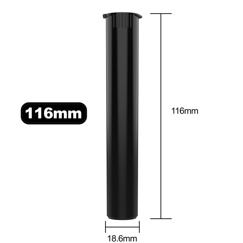 116mm Black Recycled Ocean Plastic Pop Top Pre Roll Child Resistant Tubes - OPEN LID (500 qty.)